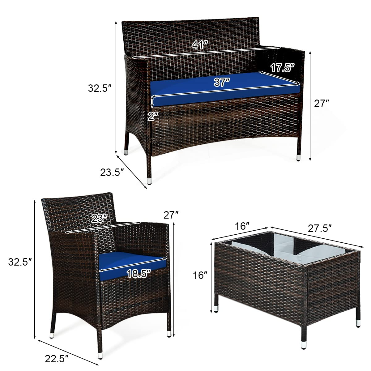 Tangkula 4-PCS or 8-PCS Patio Rattan Conversation Set, Outdoor Wicker Furniture Set with Tempered Glass Coffee Table &Thick Cushion