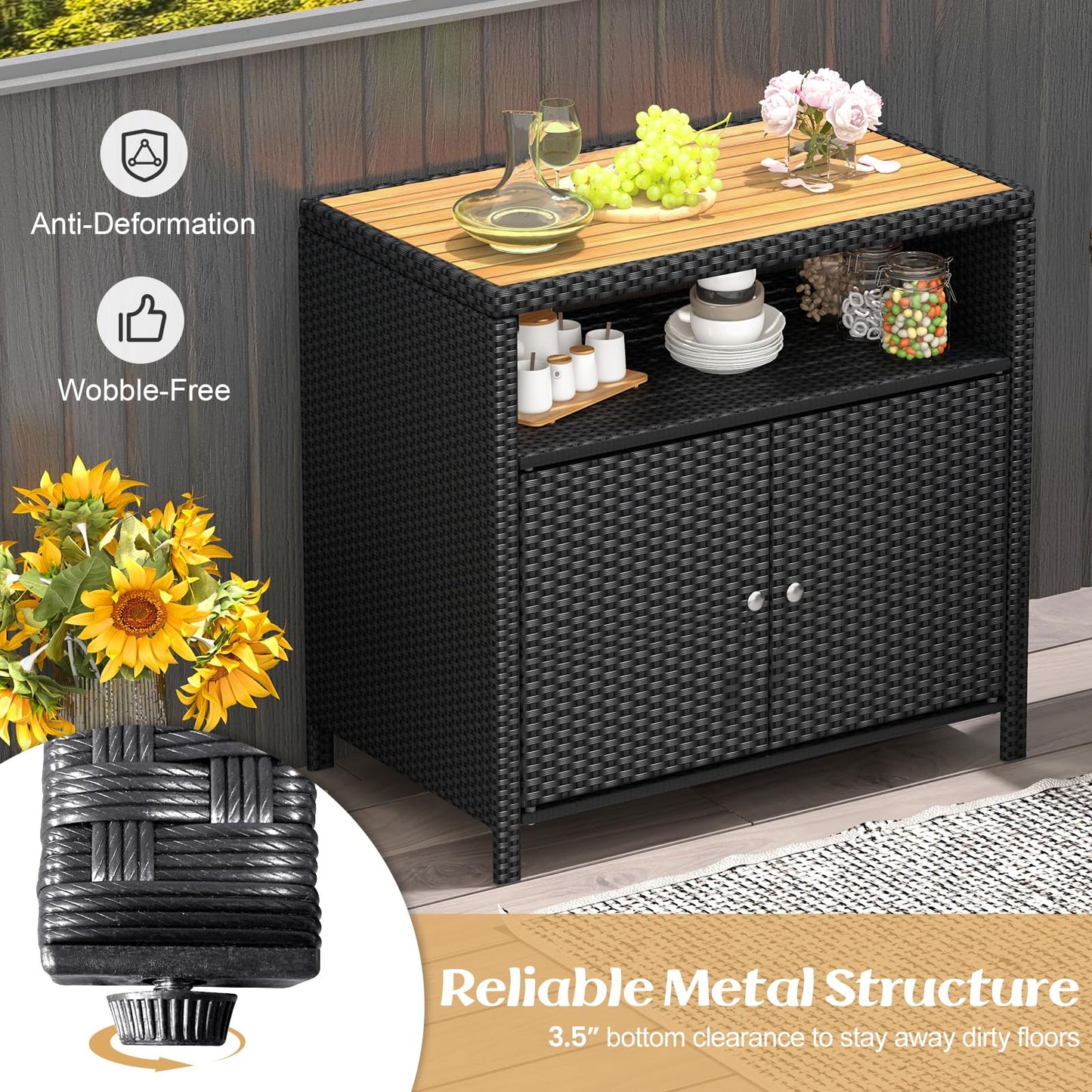 Tangkula Rattan Storage Cabinet, Outdoor Patiojoy Buffet Cabinet with Acacia Wood Countertop
