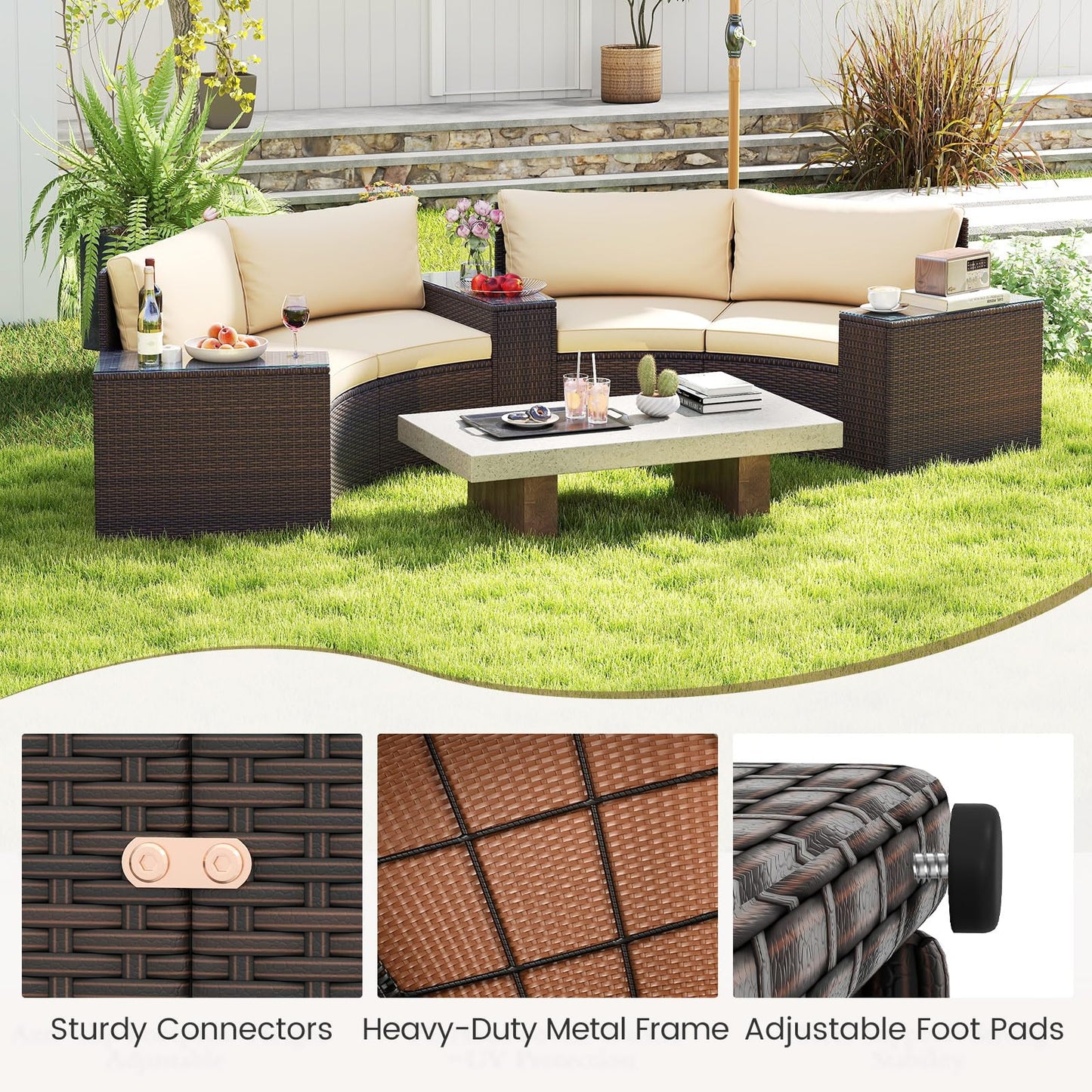 Tangkula 5 Pieces Patio Furniture Set PE Rattan Half-Moon Curved Sectional Sofas