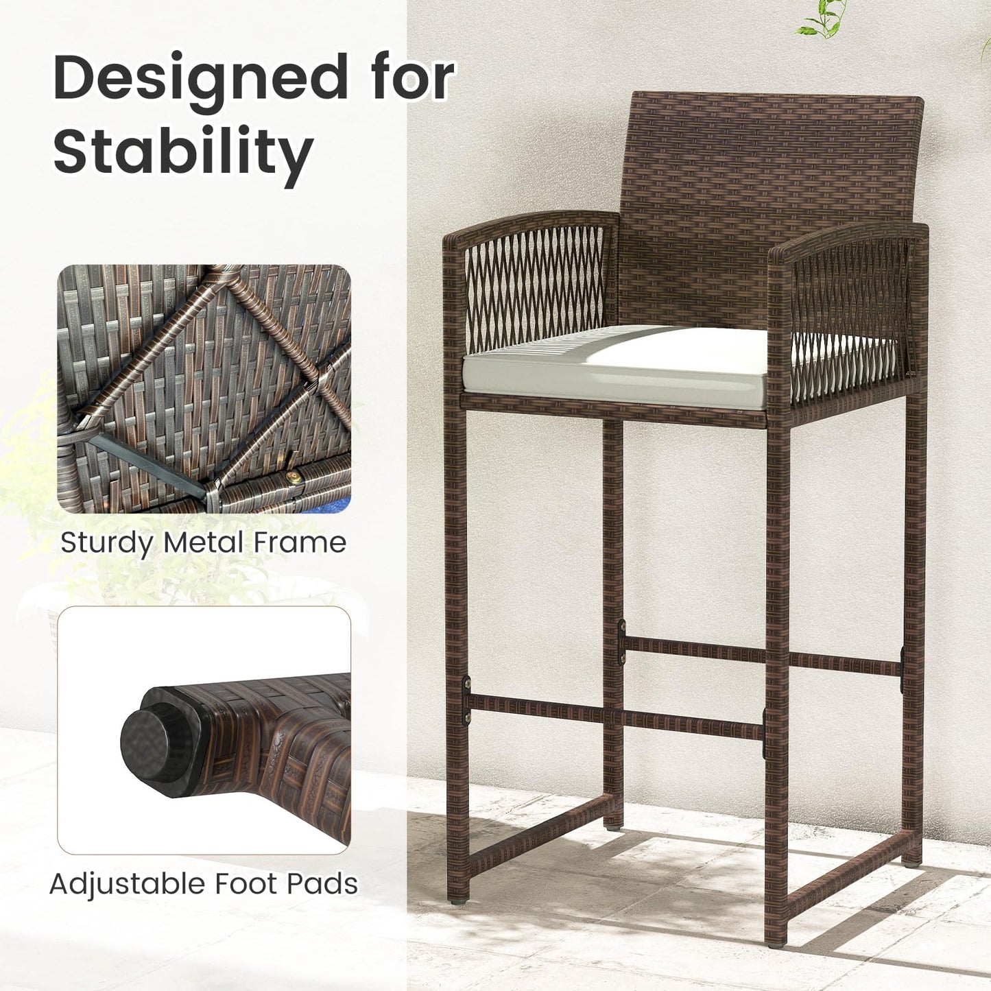 Tangkula Patio Bar Stools Set of 2/4 PE Rattan Bar Height Chairs