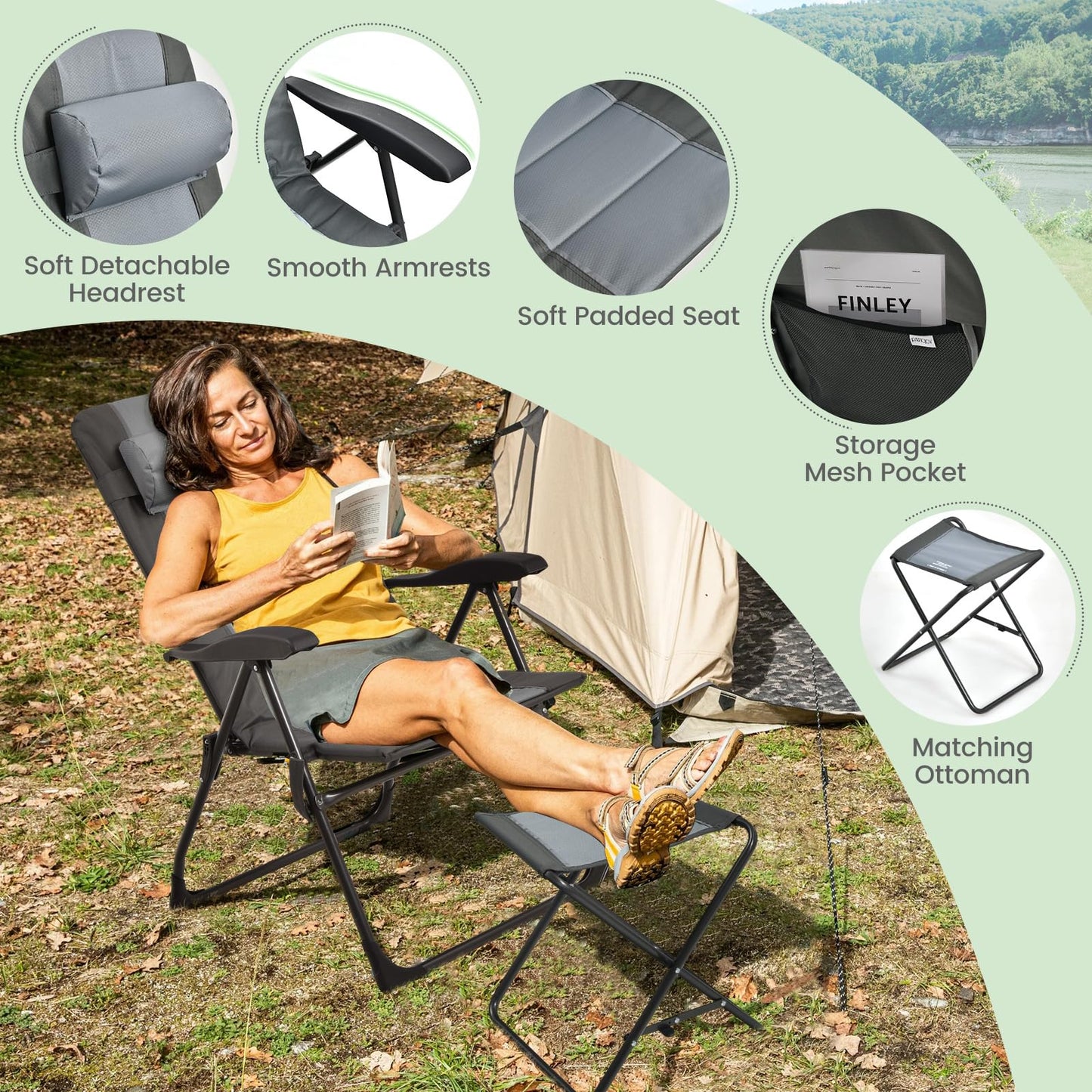 Tangkula Set of 2 Patio Folding Chairs & Ottoman, Padded Lawn Dining Chair Set with 7-Level Adjustable Backrest