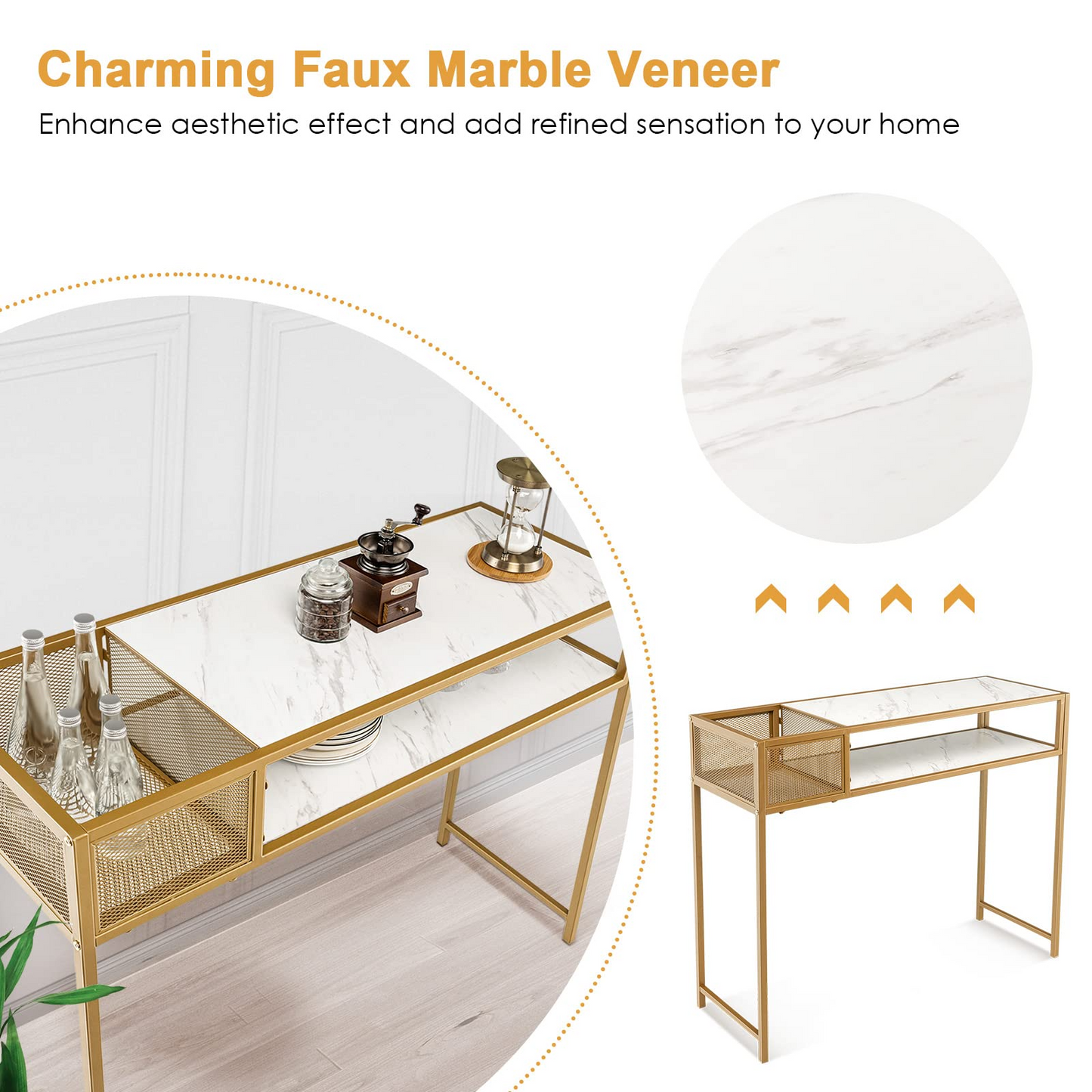 Tangkula Console Table, 2-Tier Faux Marble Sofa Table with Open Storage Shelf, Gold Steel Frame, Modern Entryway Table