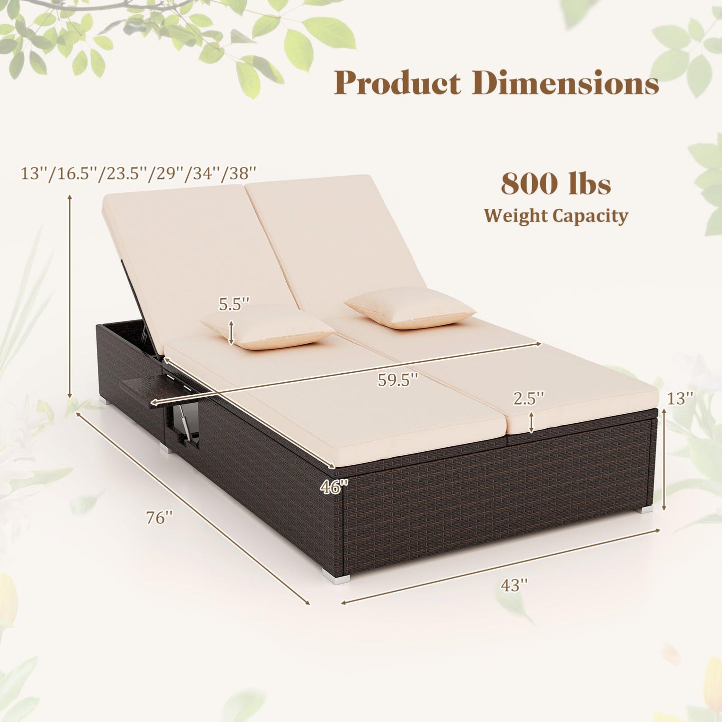 Tangkula Patio Double Chaise Lounge, Patiojoy 6 Position Adjustable Wicker Recliner Bed