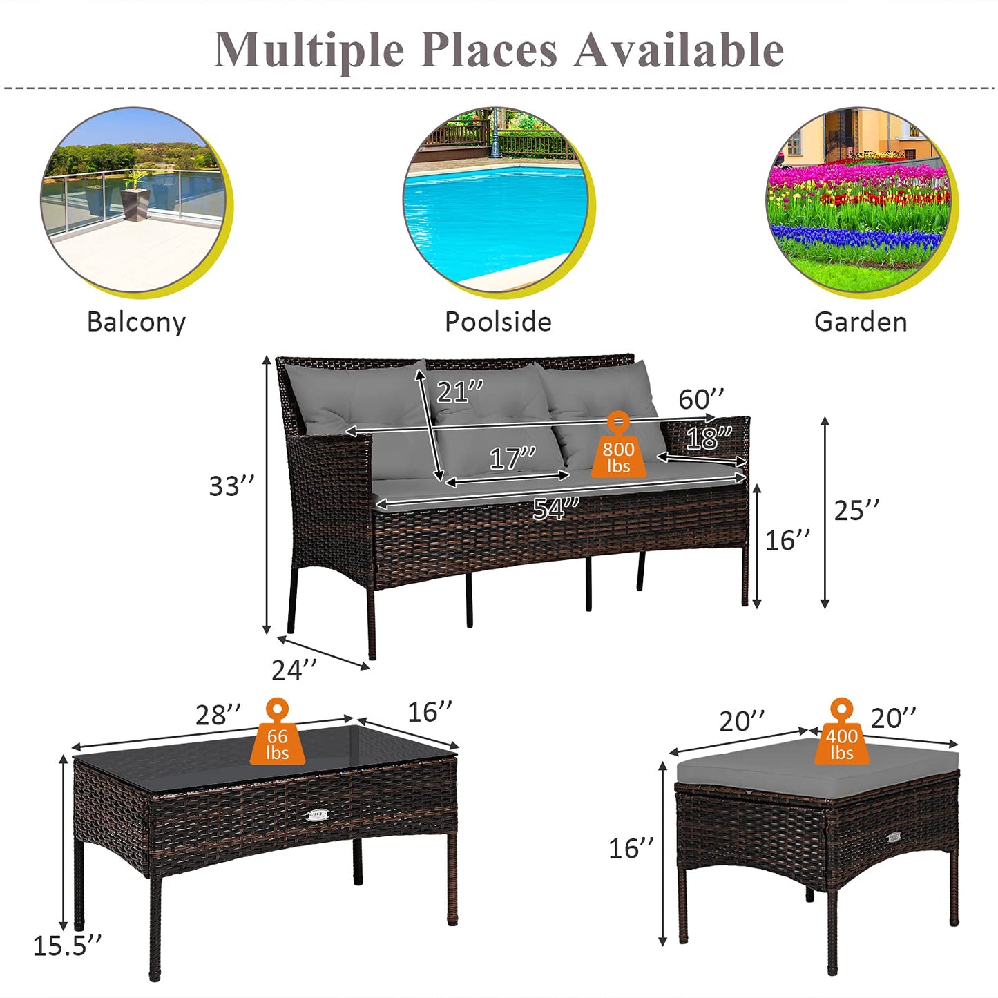 3 Pieces Patio Conversation Set, Outdoor PE Rattan Wicker Furniture Set