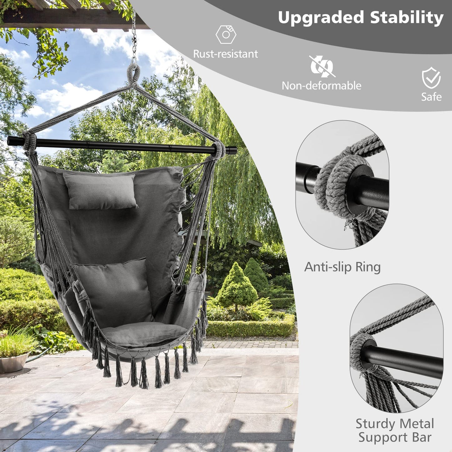 Tangkula Hammock Chair Hanging Rope Swing with Head Pillow