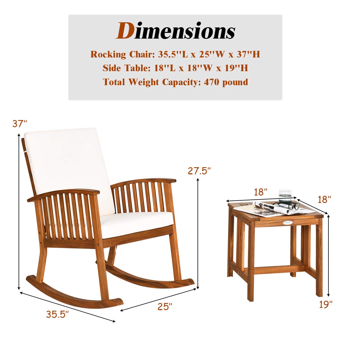 Tangkula Acacia Wood Patio Bistro Set, Outdoor Rocking Chair with Table