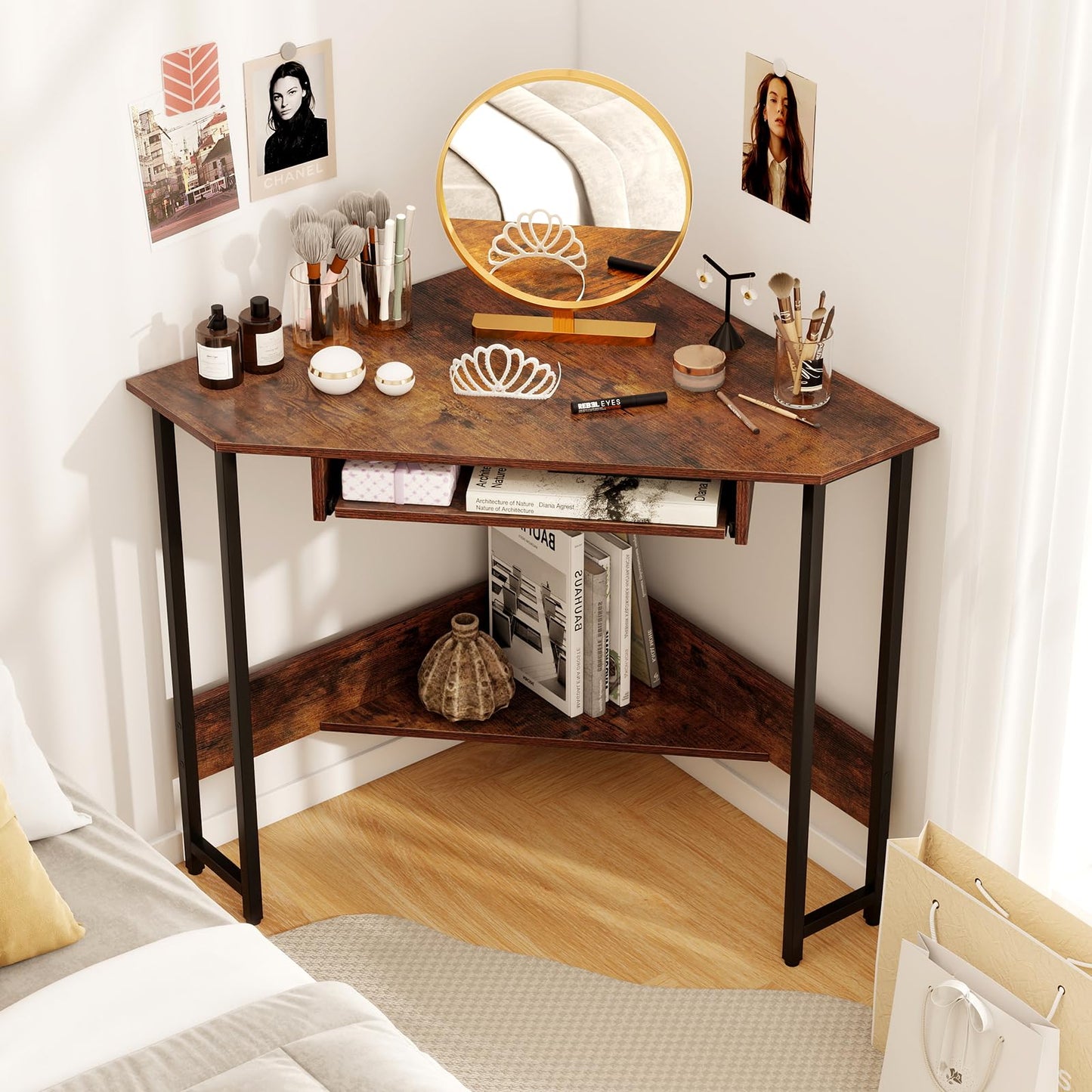 Tangkula Corner Desk with Keyboard Tray with Storage Shelf