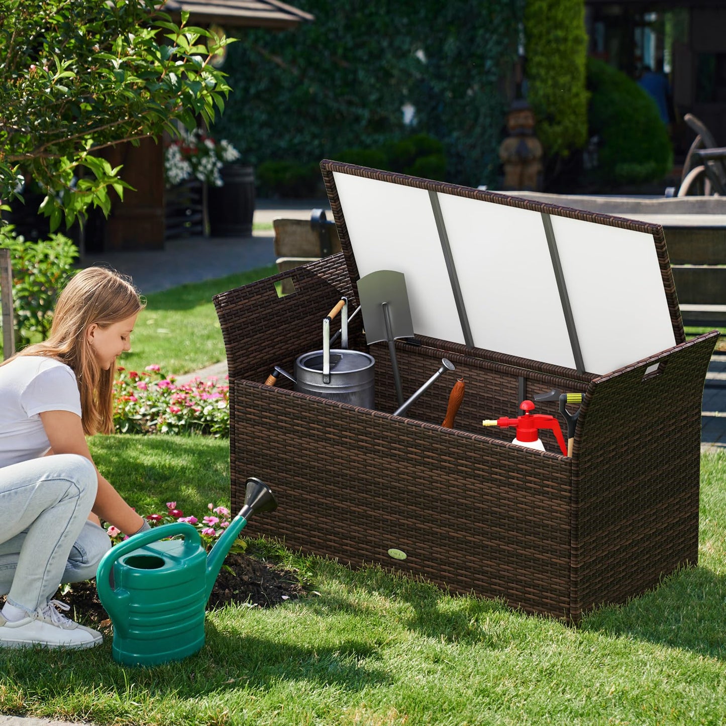 Tangkula Storage Bench Outdoor Bench with Hand-Woven PE Rattan Wicker