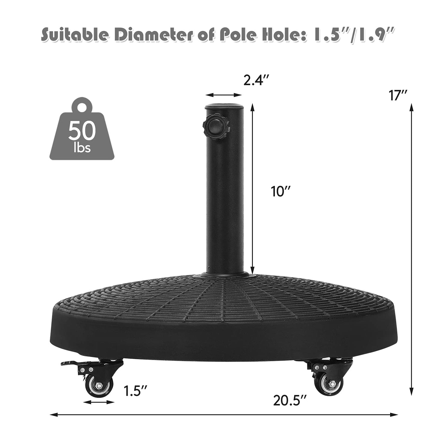 50 LBS Patio Umbrella Base, Round Outdoor Umbrella Stand W/Lockable Wheels