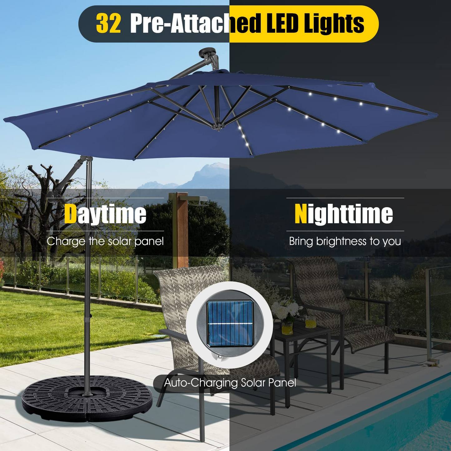 Tangkula 10 ft Cantilever Umbrella w/32 Solar-Powered LED Lights, Functional Tilting System & Hand-Crank Mechanism