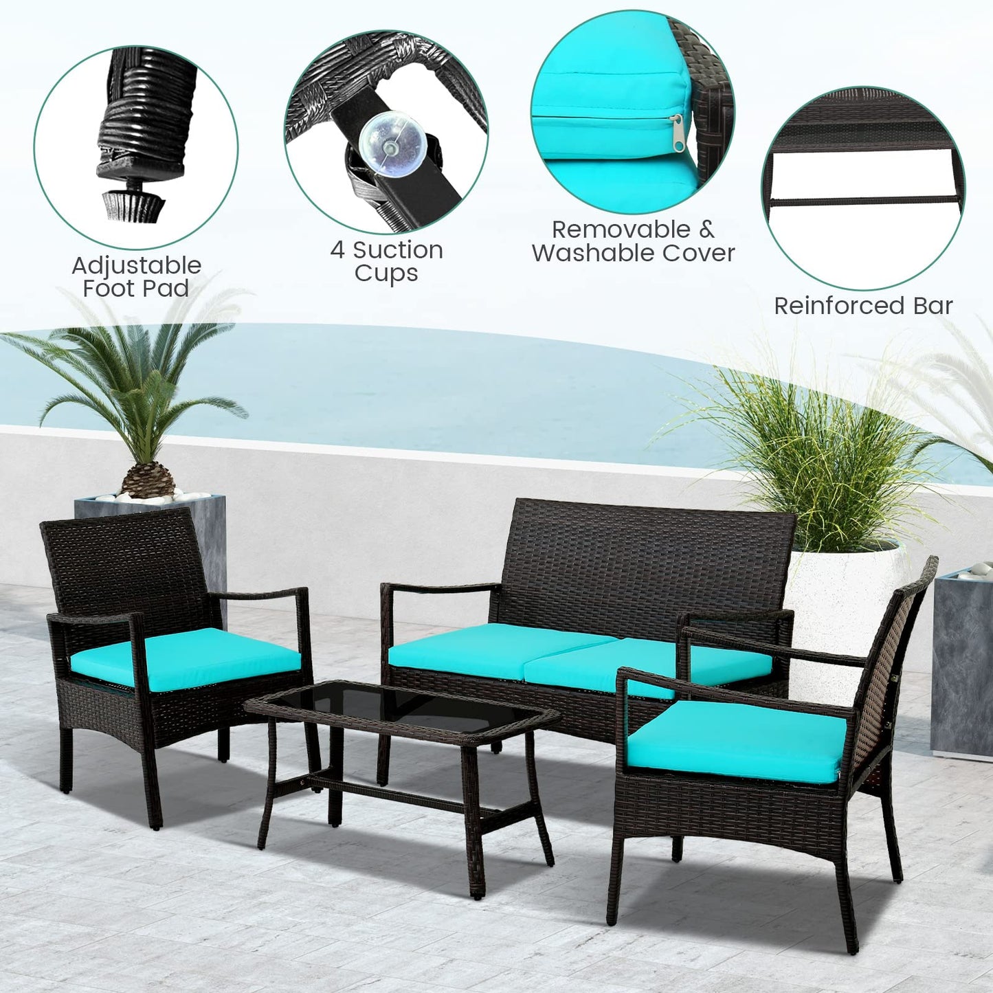 Tangkula 4 Pieces Rattan Conversation Set, Patio Sofa Couch Set with Tempered Glass Coffee Table