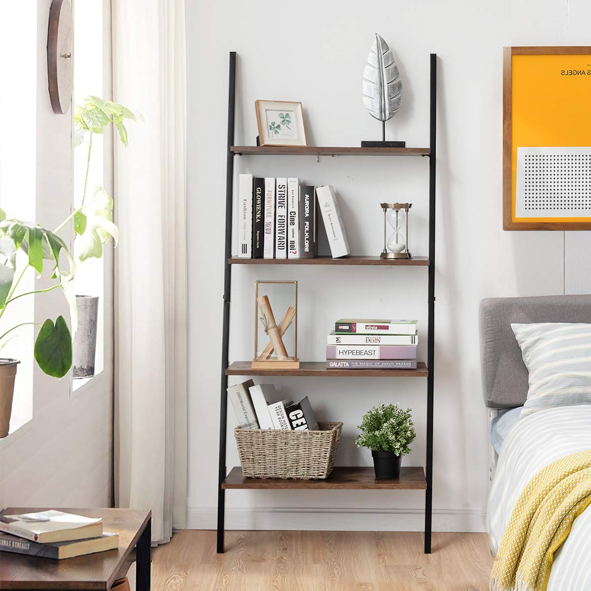 Tangkula Industrial 4-Tier Ladder Shelf, Against The Wall Bookcase for Living Room & Office