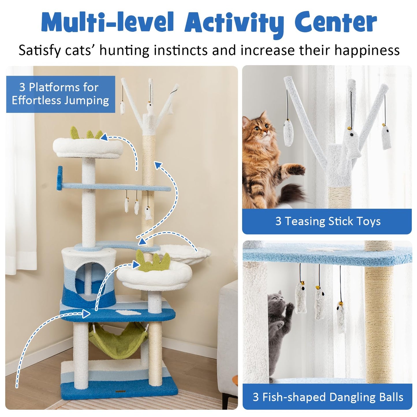 Tangkula Ocean-Themed Cat Tree, Multi-Level Cat Tower with Sisal Scratching Posts, 65"