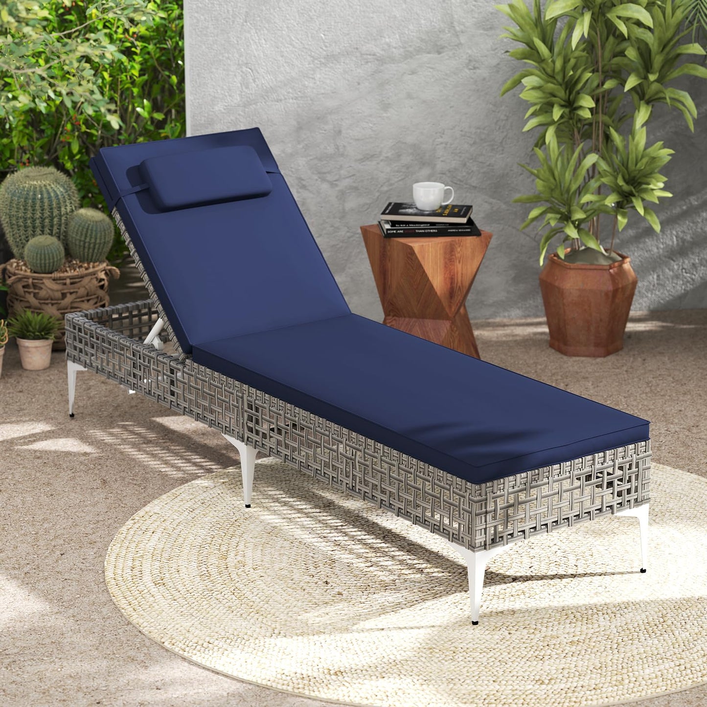 Tangkula Patio Chaise Lounge Chair PE Wicker Reclining Sun Lounger with 6-Level Adjustable Backrest