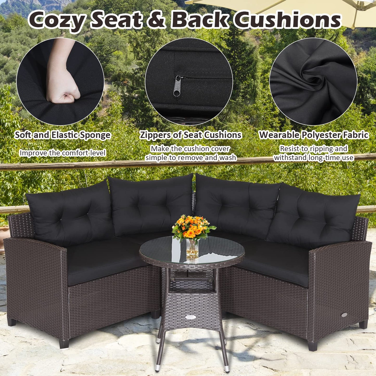 Tangkula 4 Piece Outdoor Sofa Set, Patio Rattan Corner Chair Set W/Round Side Table
