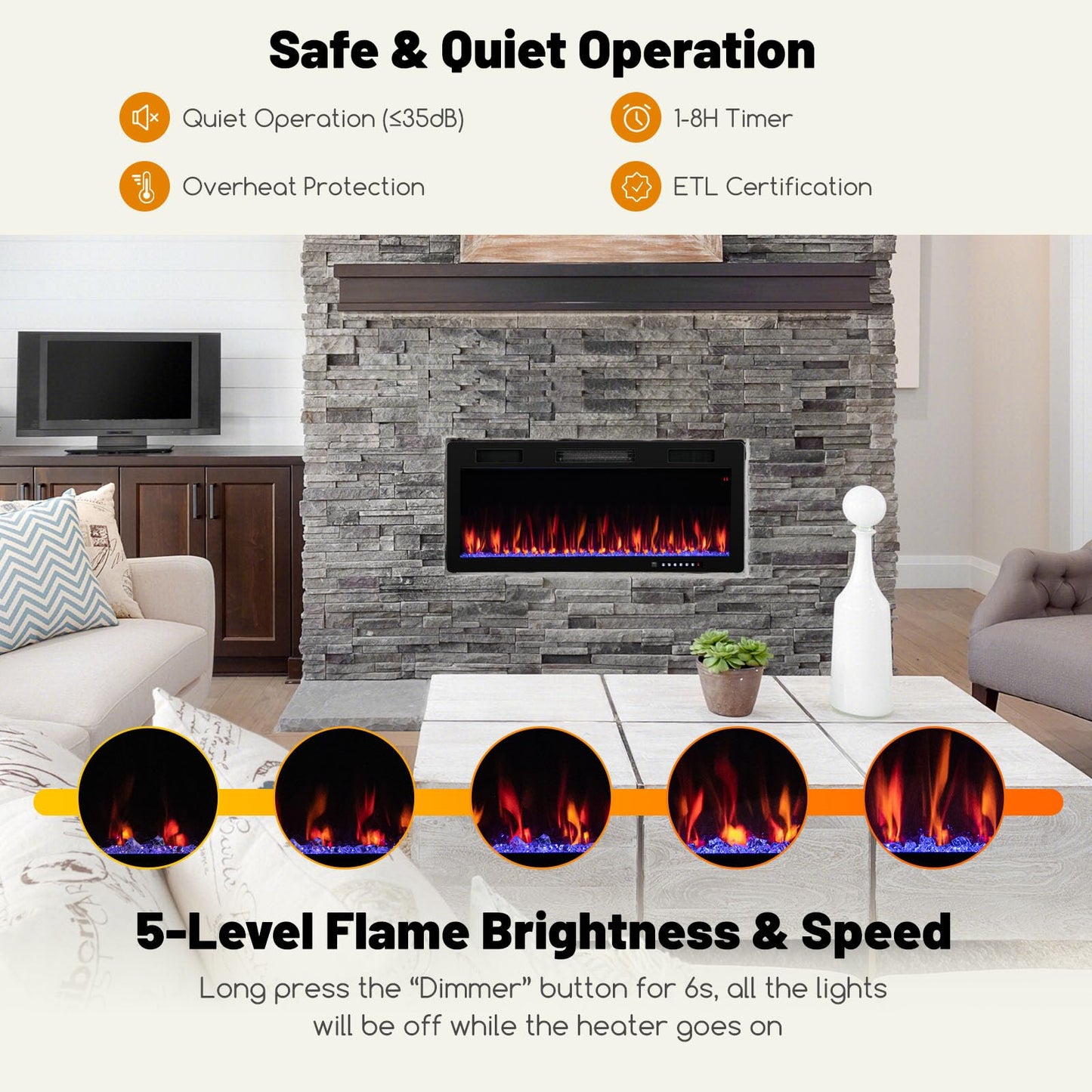 Tangkula 40 Inch Linear Electric Fireplace, Recessed & Wall-Mounted Fireplace Heater with Multi-Color Flame