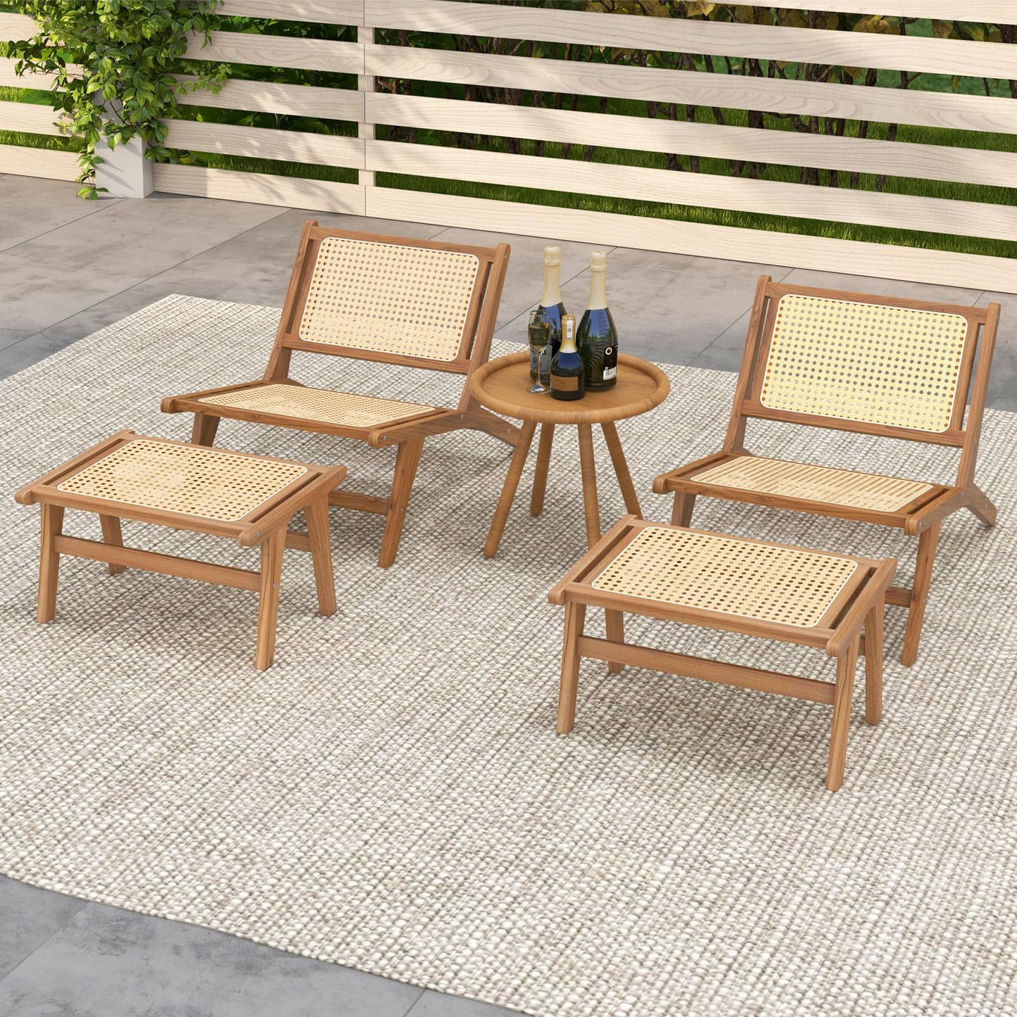 Tangkula Teak Wooden Chair, Mid Century Modern Accent Chair with Handwoven Rattan Seat & Backrest for Living Room Bedroom Office Indoor