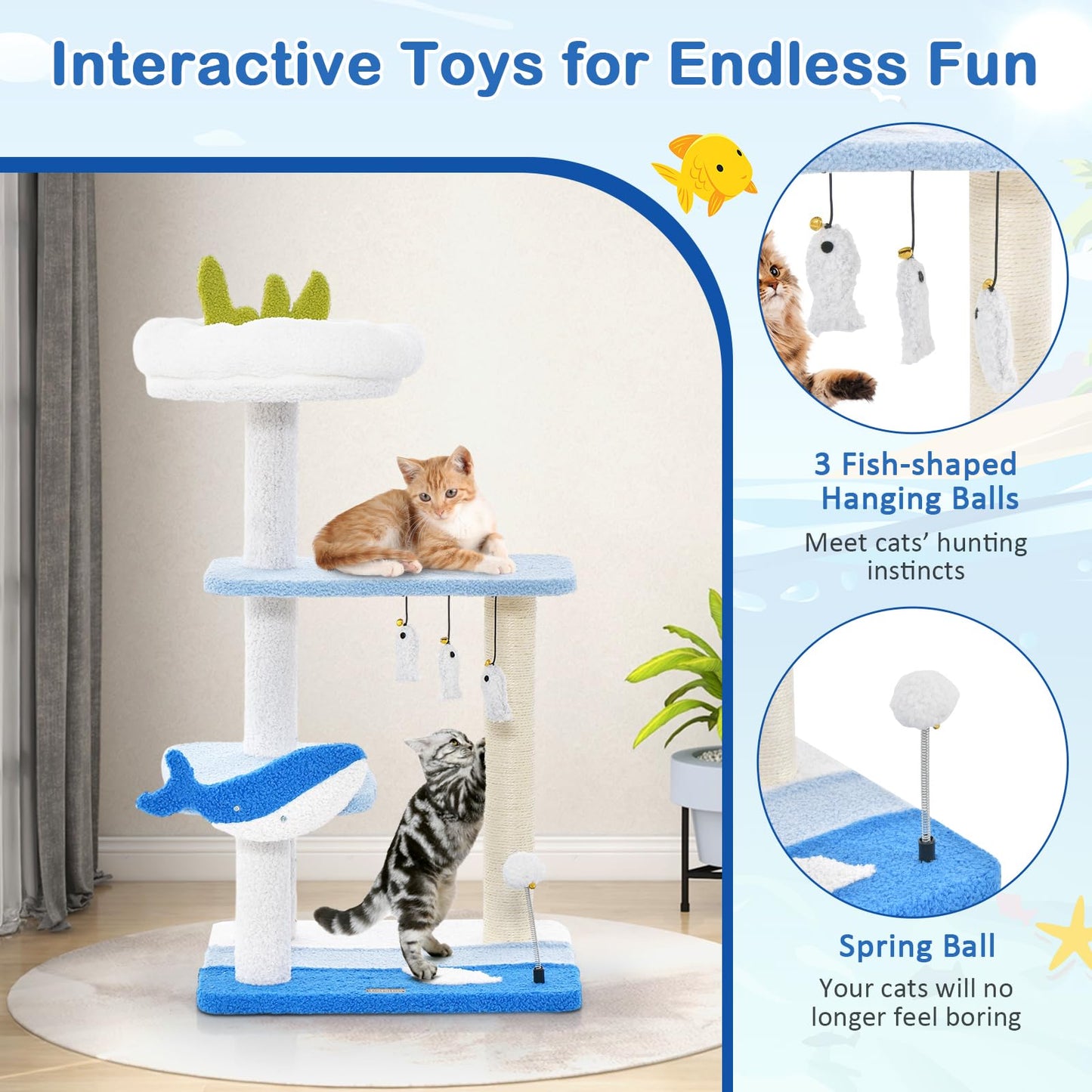 Tangkula Ocean-Themed Cat Tree, 3-Level Cat Tower, 34"