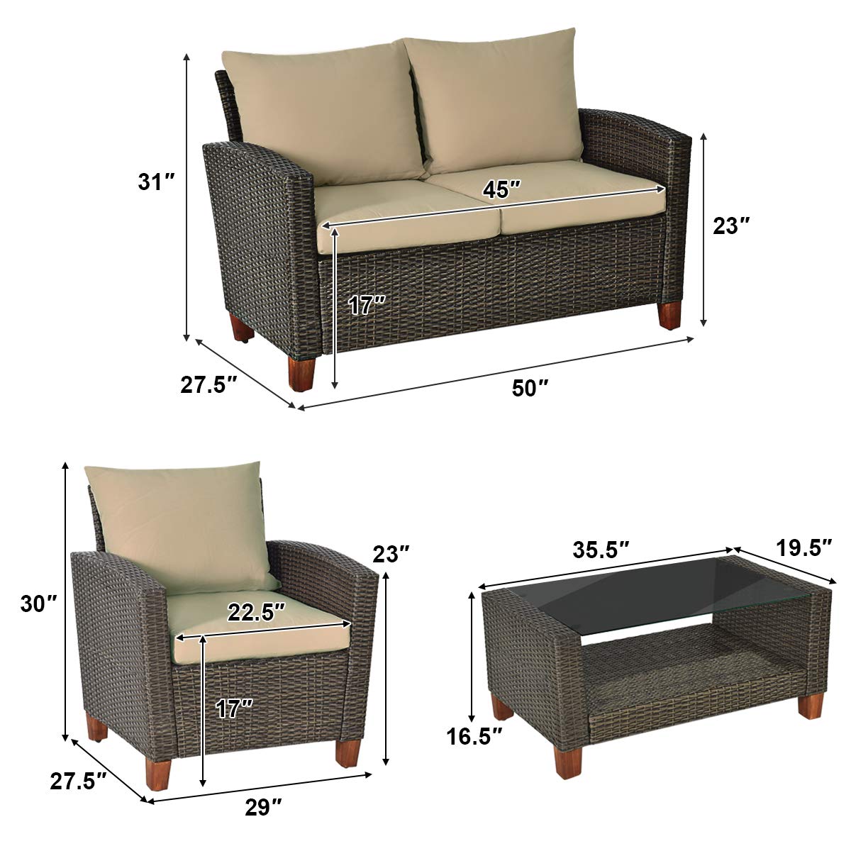 Tangkula Patio Rattan Furniture Set with Tempered Glass Coffee Table for Porch