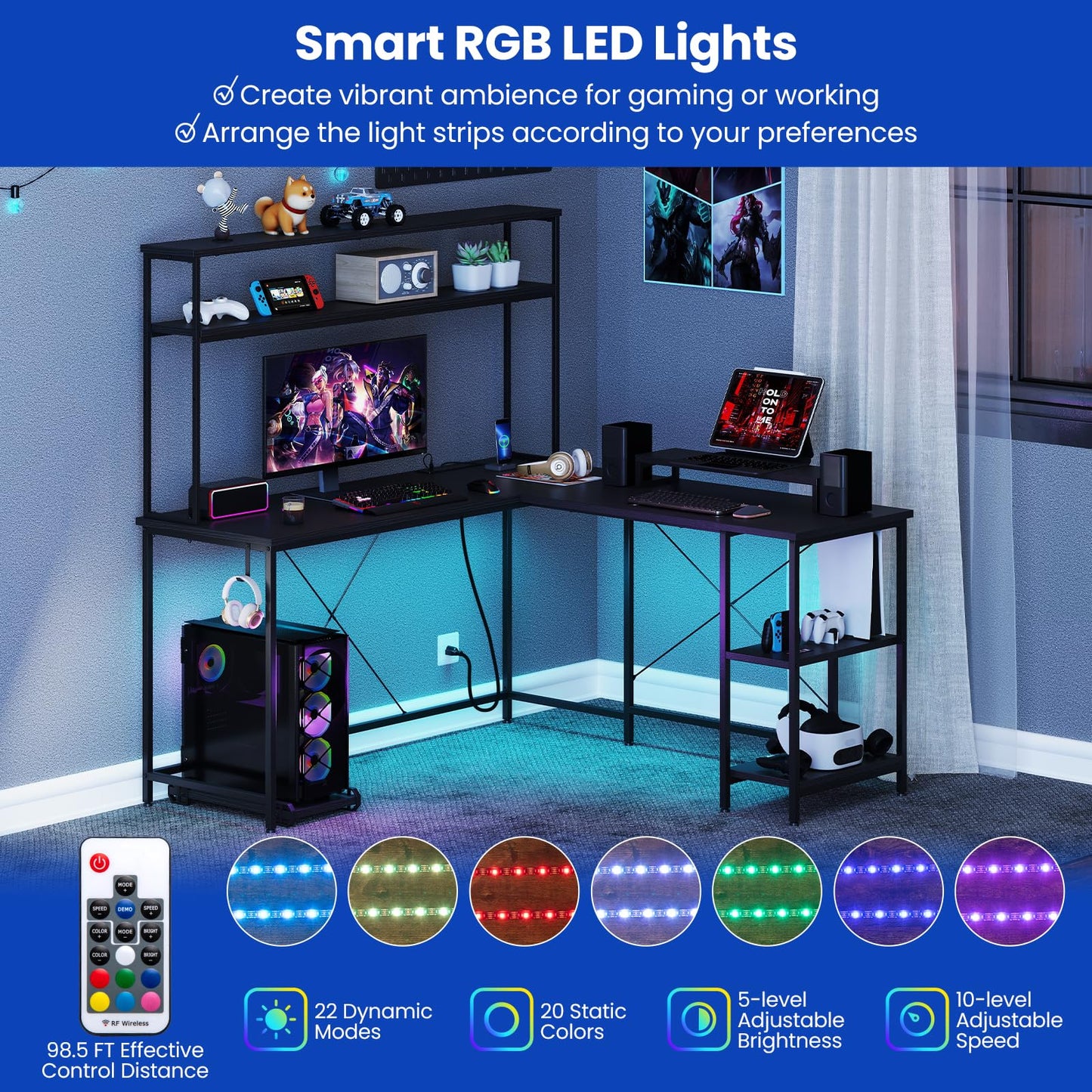 Tangkula L-Shaped Desk with LED Strip & Power Outlets