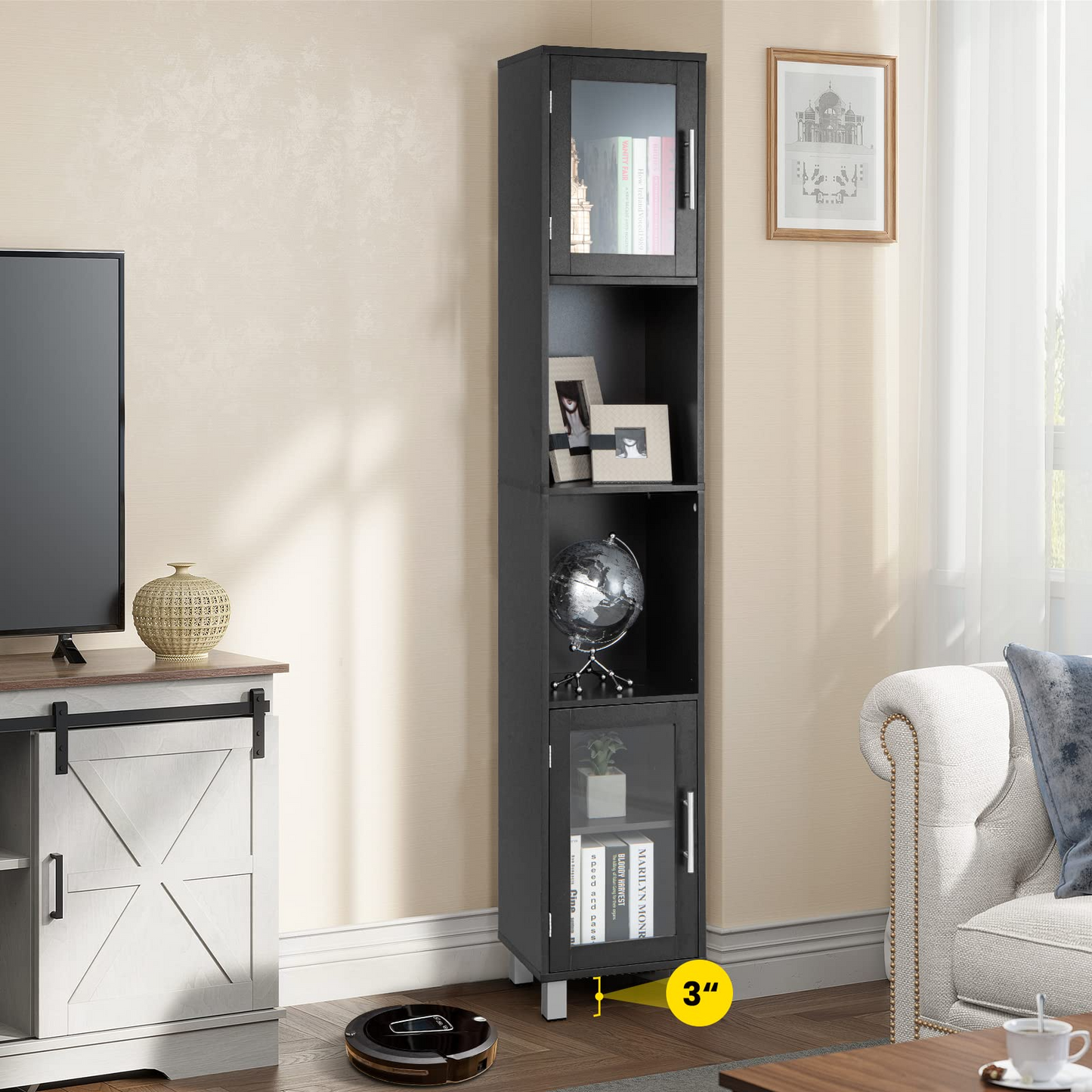 Tangkula Tall Bathroom Cabinet, Home Bedroom Living Room Wood Linen Storage Cabinet Free Standing
