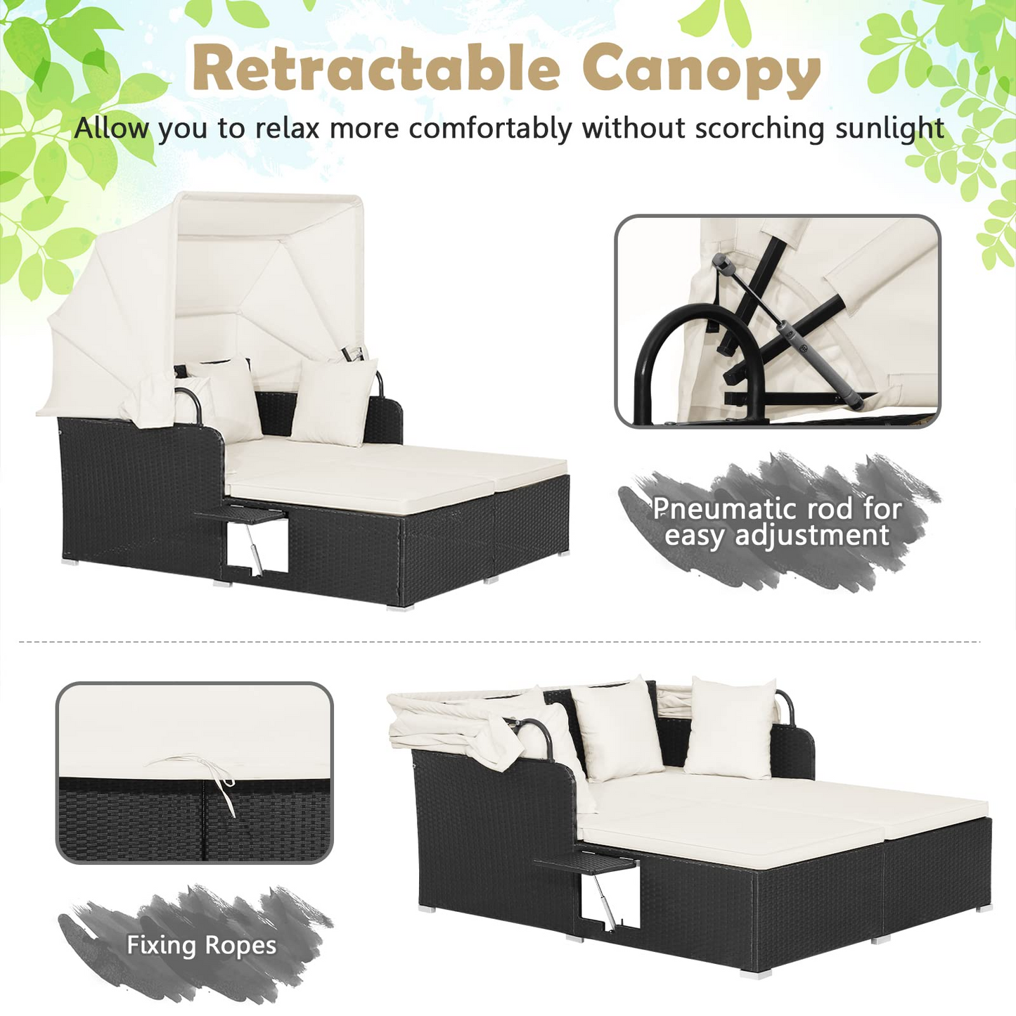 Tangkula Patio Rattan Daybed, Patiojoy Wicker Daybed Loungerw/Retractable Canopy, 2 Foldable Side Panels