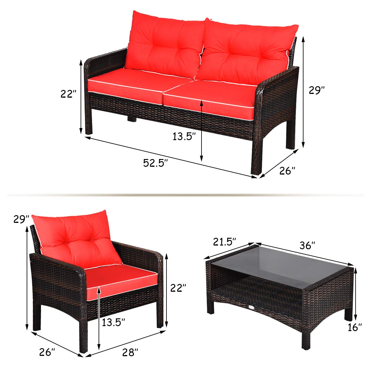 Tangkula 4 Piece Patio Furniture Set with Glass Top Coffee Table