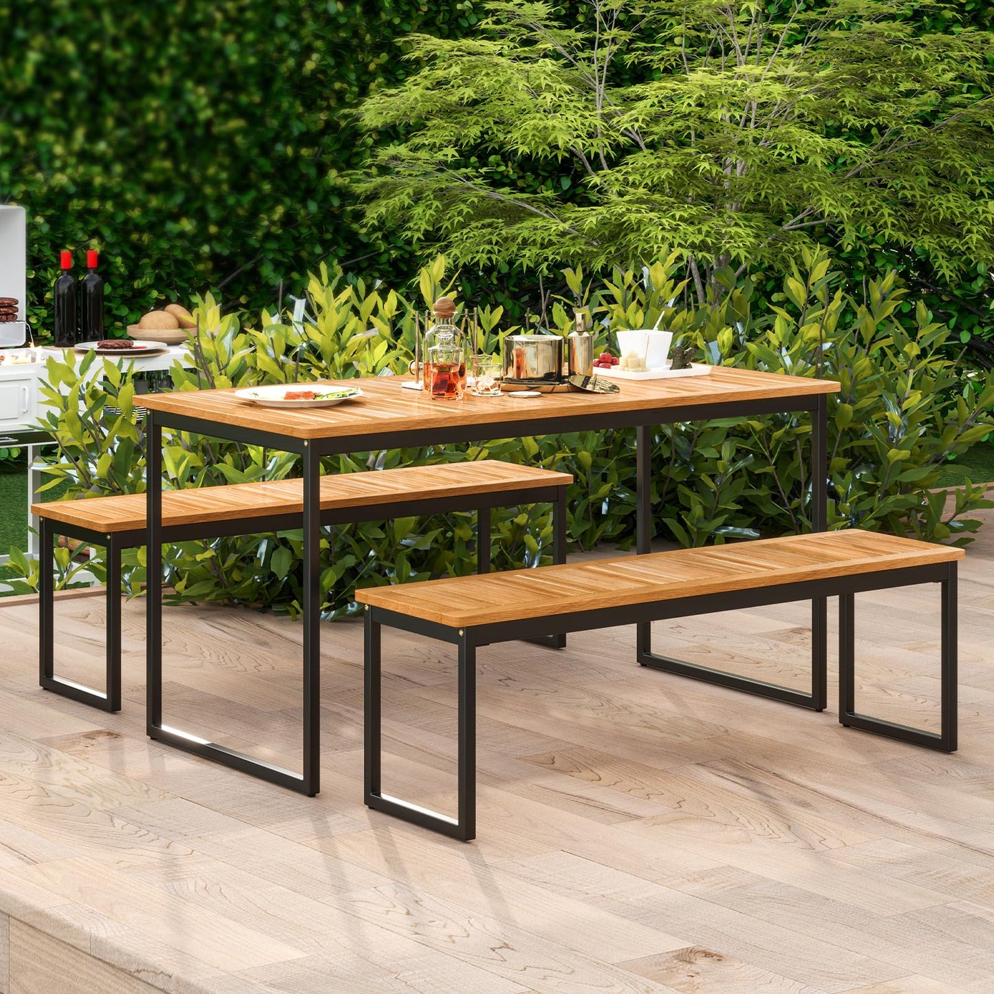 Tangkula Patio Dining Bench, 2-3-person Backless Bench with Slatted Seat & Metal Legs, Indoor Outdoor Bench for Entryway