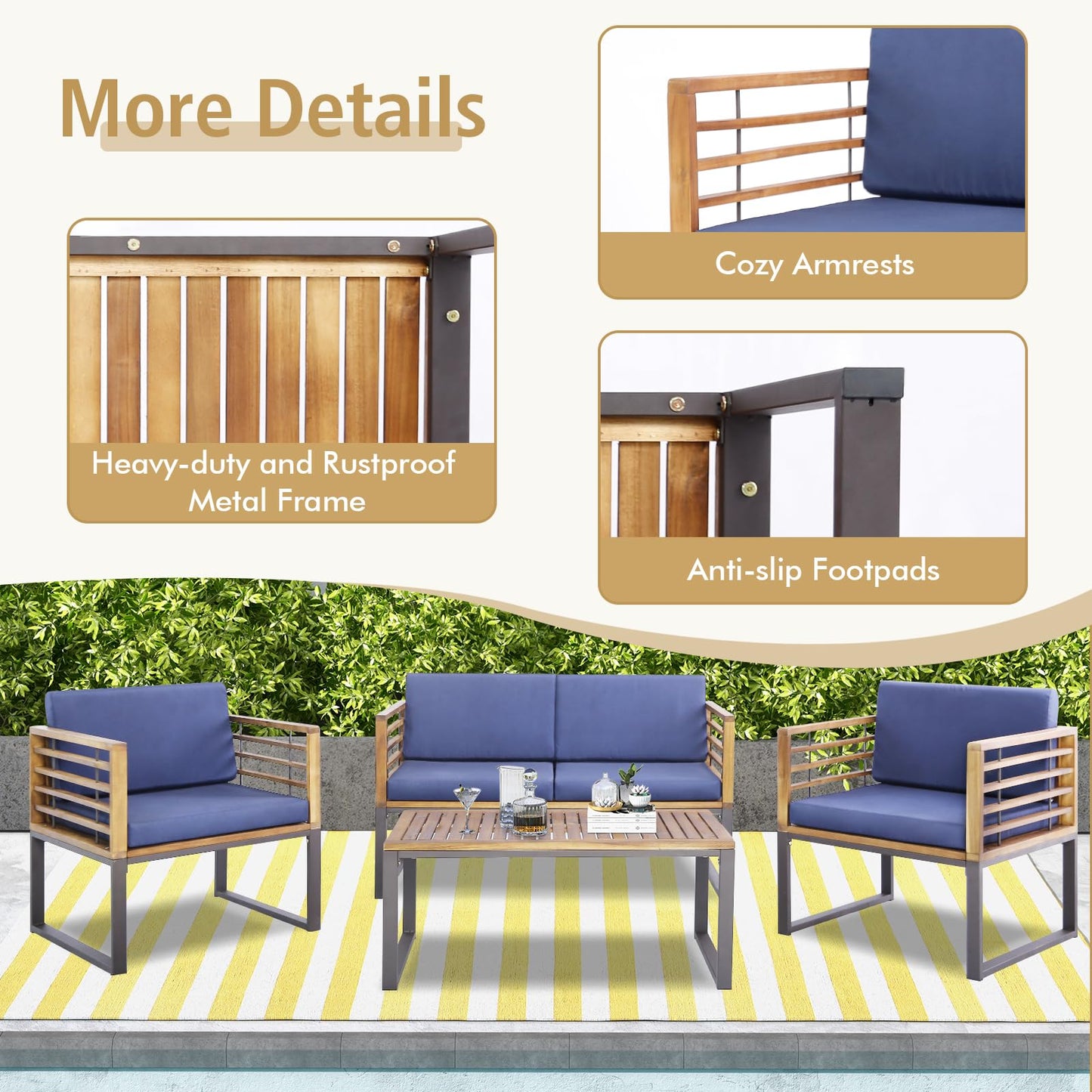 Tangkula 4 Piece Patio Chair Set, Acacia Wood Chair Set w/ 2 Chairs, 1 Loveseat & 1 Coffee Table