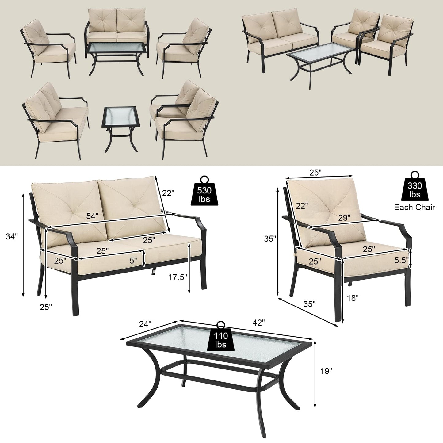 4 Pieces Outdoor Furniture Set, Patio Conversation Set with Cushions and Steel Frame