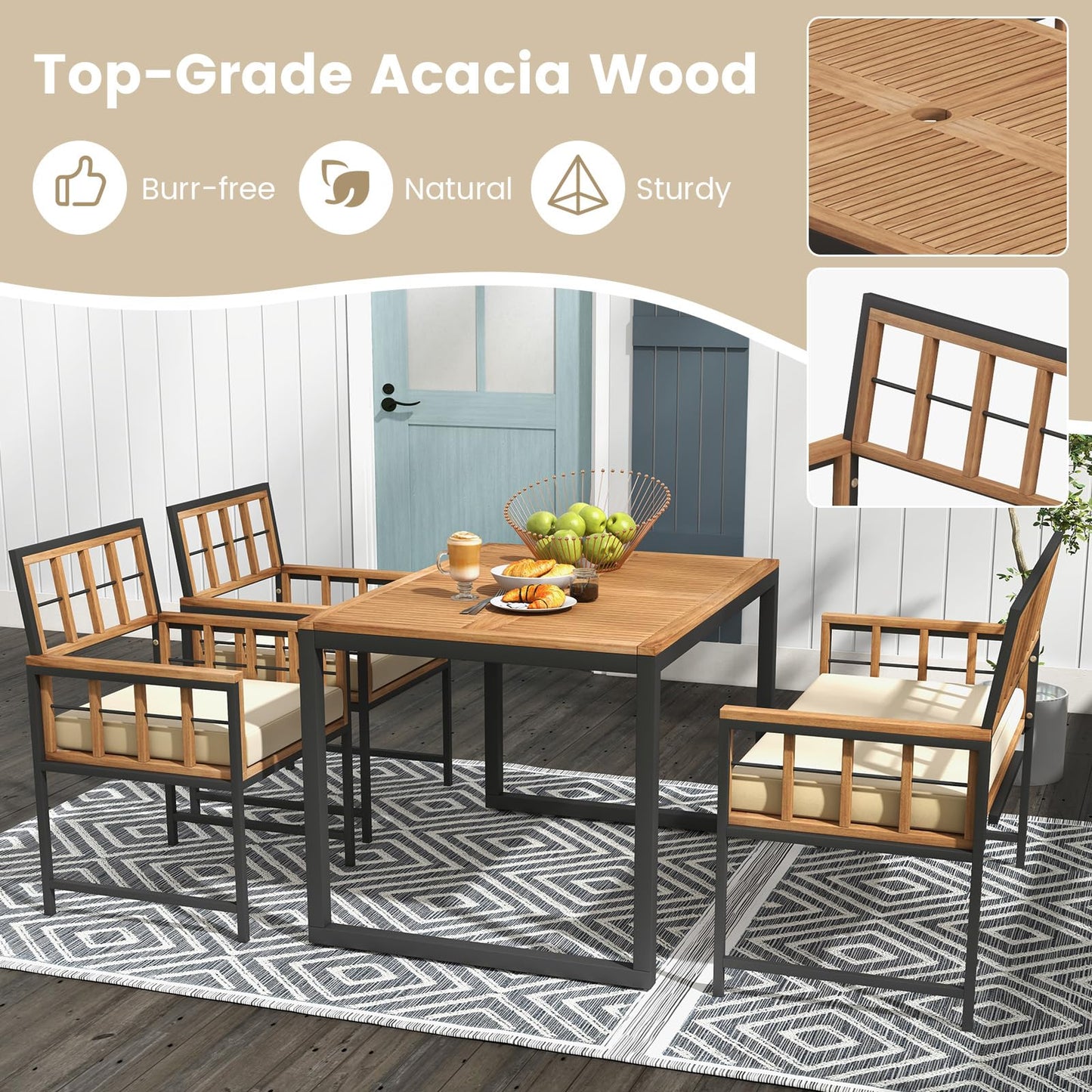 Tangkula 4 Piece Patio Dining Set, Outdoor Wood Dining Furniture W/ 2 Chairs & 1 Loveseat, 47” Acacia Wood Table W/Umbrella Hole