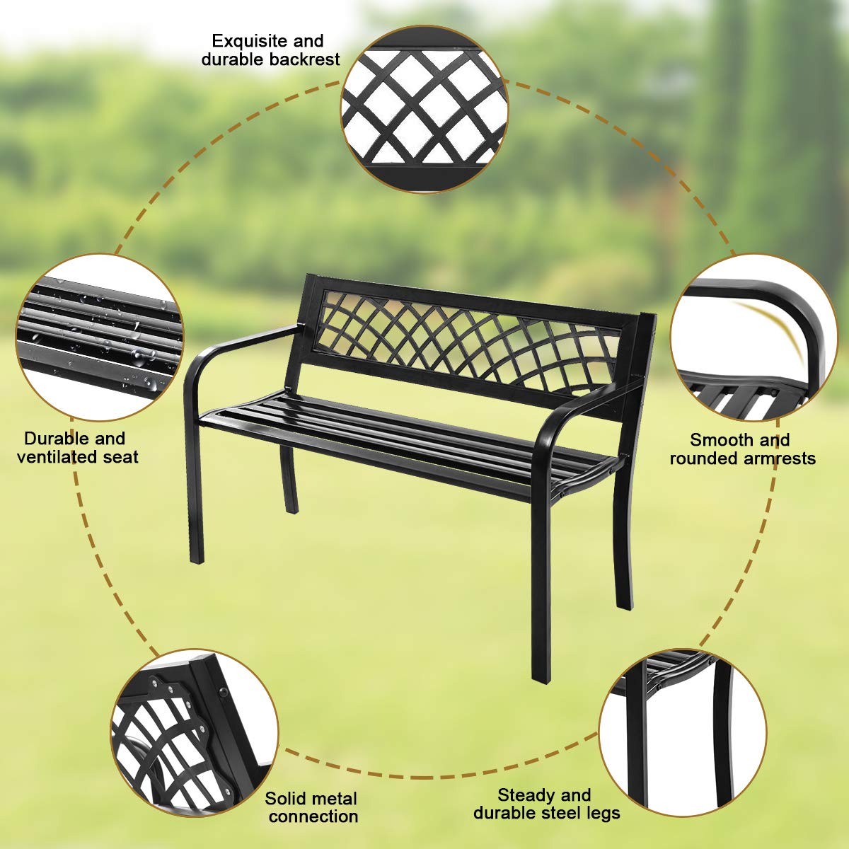 Tangkula Outdoor Garden Bench Park Bench with Steel Frame & PVC Backrest
