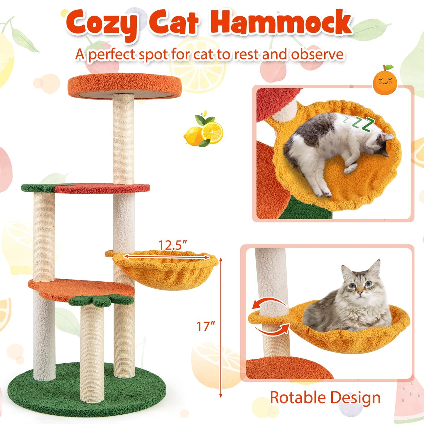 Tangkula Fruit Cat Tree Multi-Level Cute Cat Tower with Sisal Scratching Posts