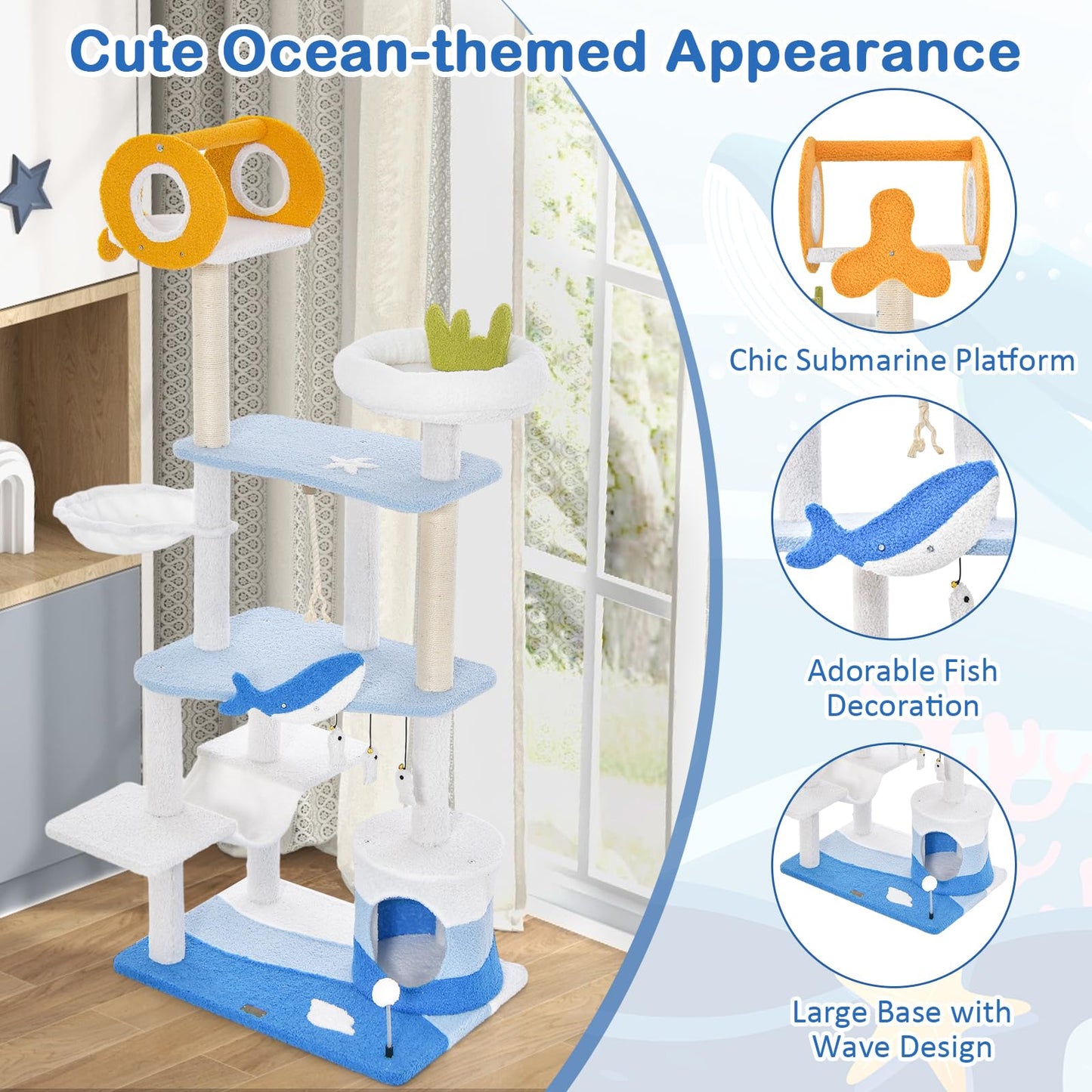 Ocean-Themed Cat Tree, 3-Level Cat Tower - Tangkula