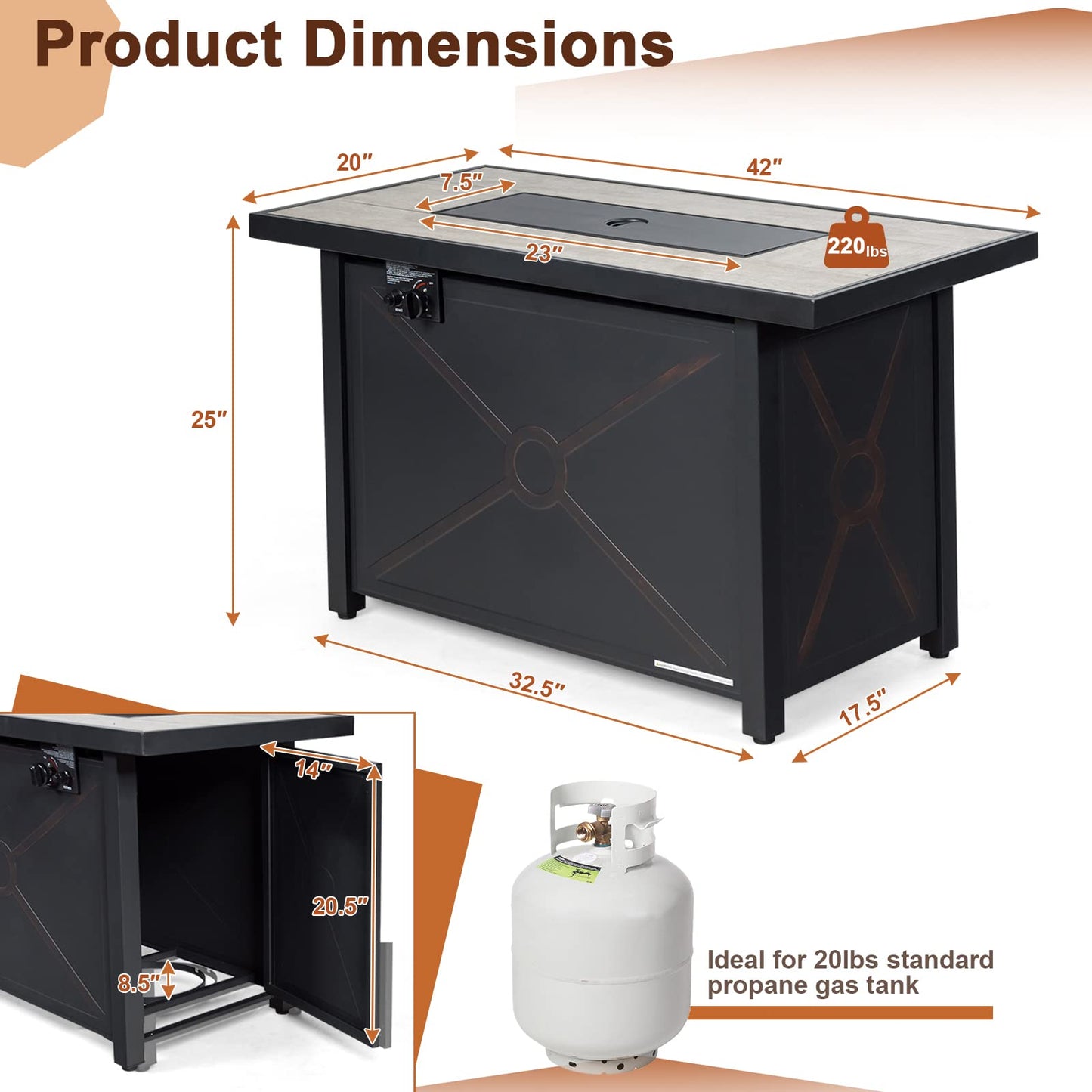 Tangkula 42 Inch Propane Fire Pit Table