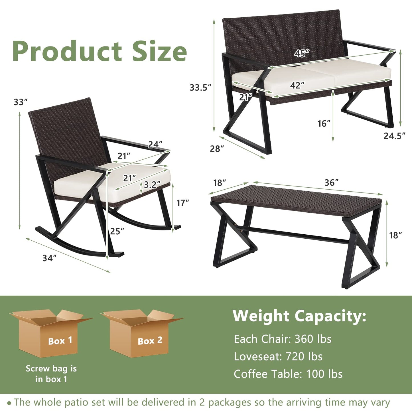 Tangkula 4 Piece Patio Rocking Furniture Set Patiojoy PE Wicker Loveseat