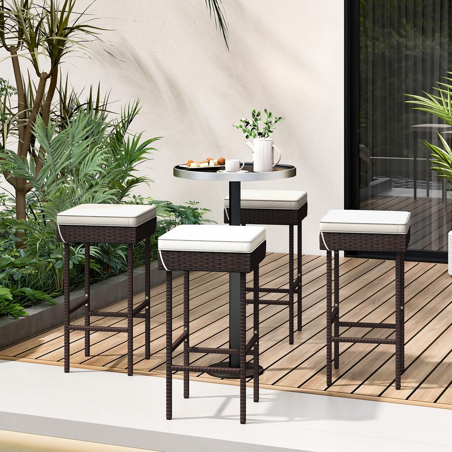 Tangkula Patio Rattan Barstools Set, Outdoor Wicker Bar Height Chairs with Footrest & Soft Cushions