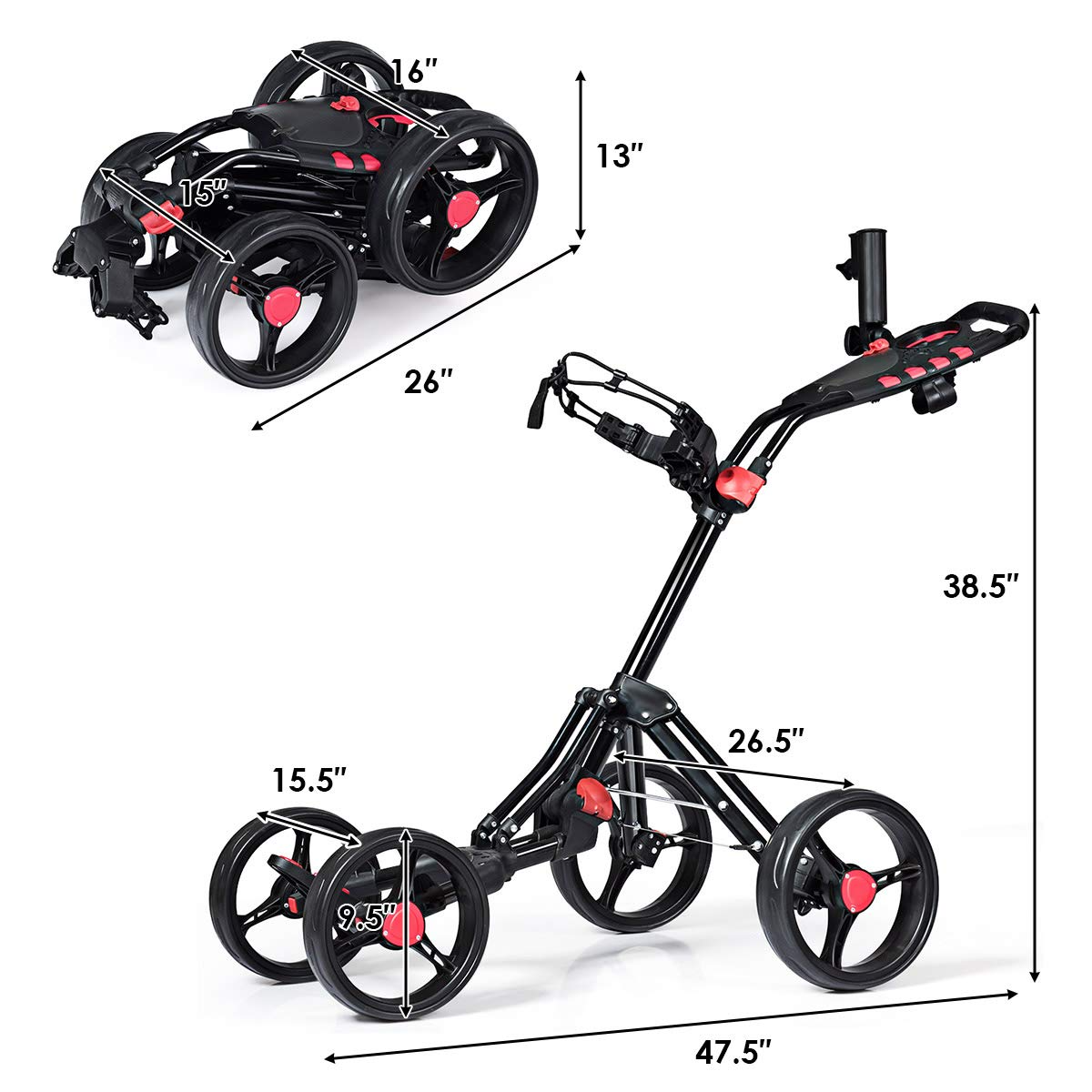 Tangkula Golf Push Pull Cart, 4 Wheels Foldable Collapsible Golf Trolley with Umbrella Holder, Foot Brake, Scorecard & Drink Holder