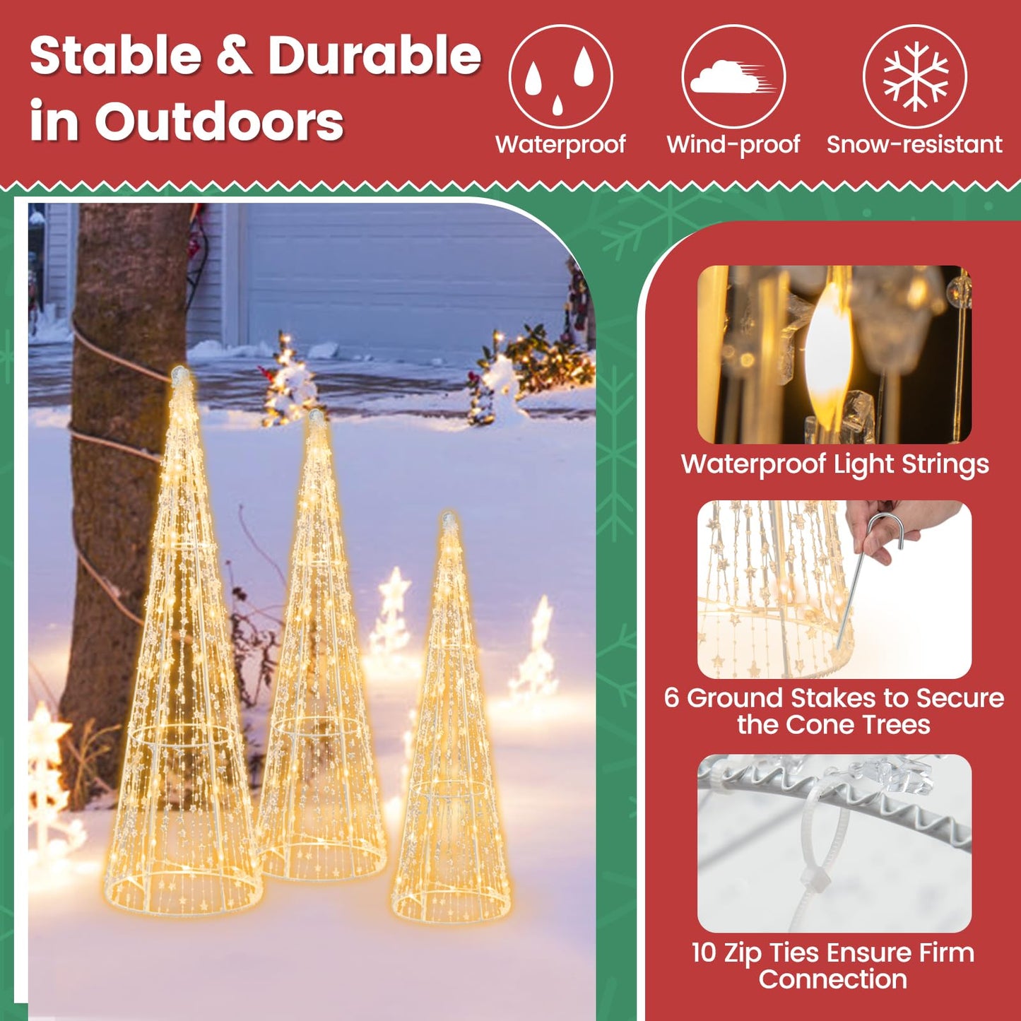 Tangkula Set of 3 Lighted Christmas Cone Trees Xmas Decorative Conic Tree Set
