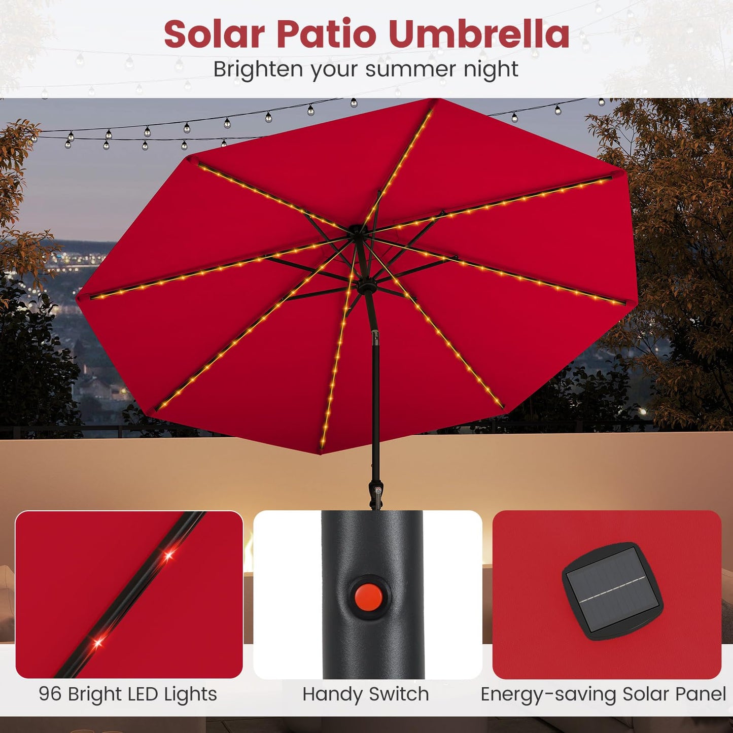 Tangkula 10 FT Solar Patio Umbrella with 96 Multi Colored Flowing LED Lights