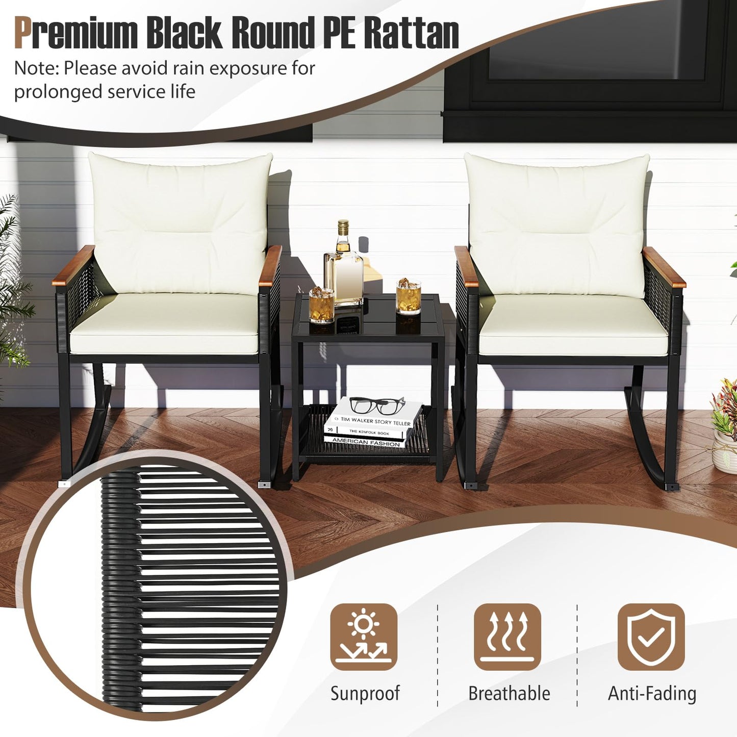 Tangkula 3 Piece Patio Rocking Bistro Set Outside Wicker Rockers