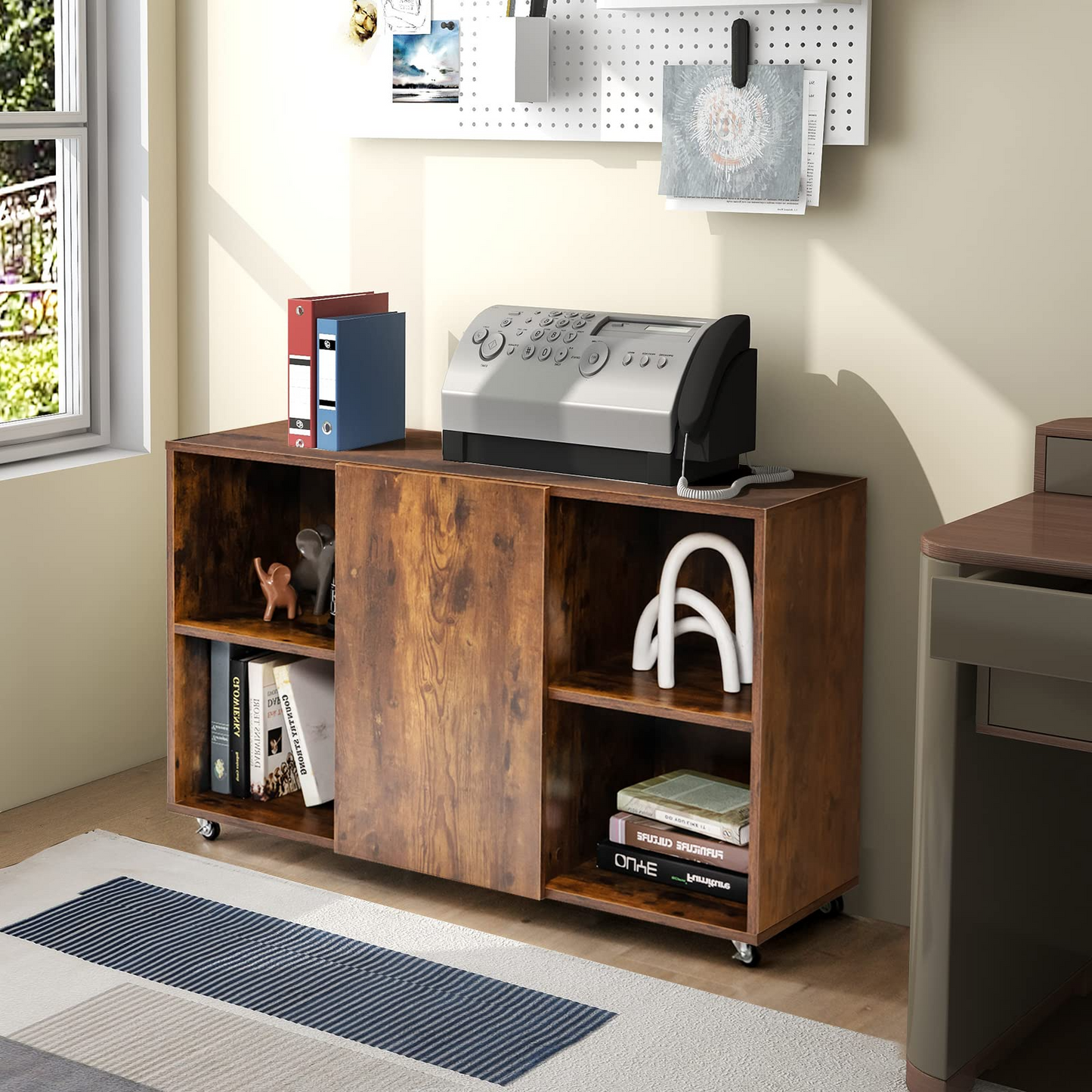 Tangkula Wood File Cabinet with Wheels, Mobile Storage Cabinet with 6 Compartments