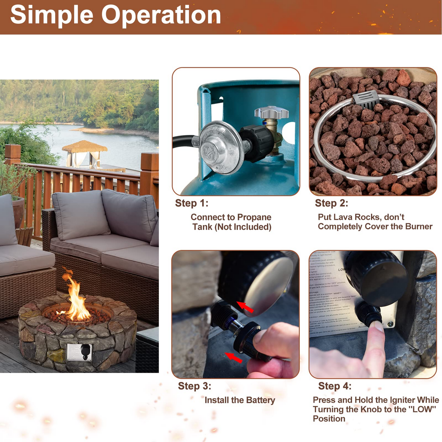 28 Inch Round Propane Gas Fire Pit, Patiojoy 40,000 BTU Stone Look Outdoor Propane Fire Pit - Tangkula