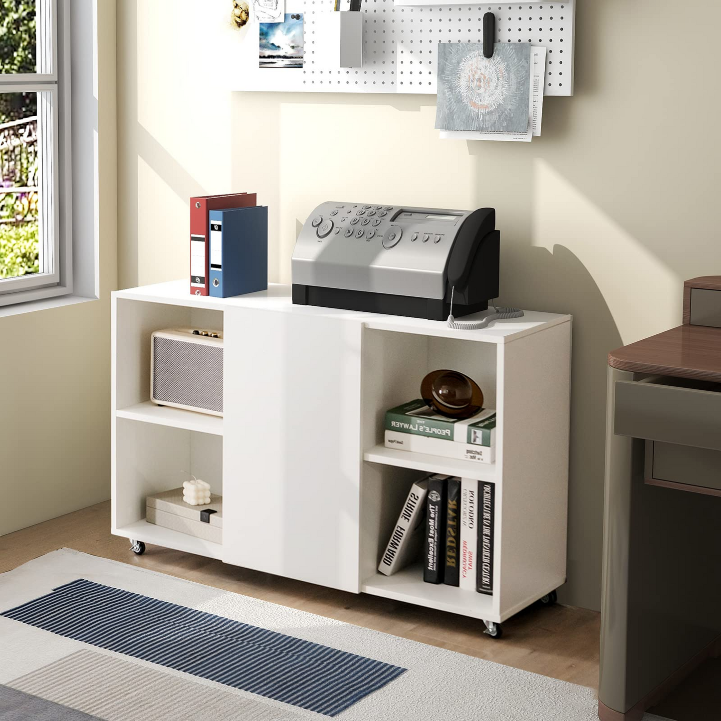 Tangkula Wood File Cabinet with Wheels, Mobile Storage Cabinet with 6 Compartments