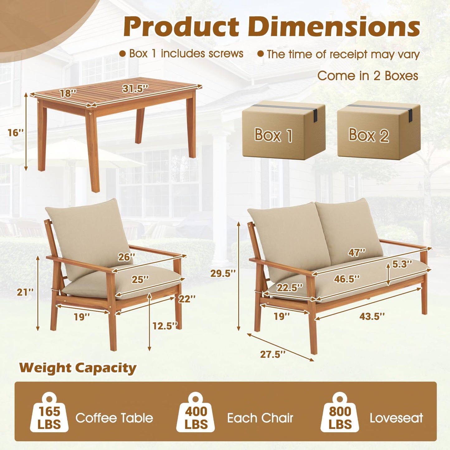 Tangkula 4 Pieces Patio Furniture Set Outdoor Acacia Wood Conversation Set
