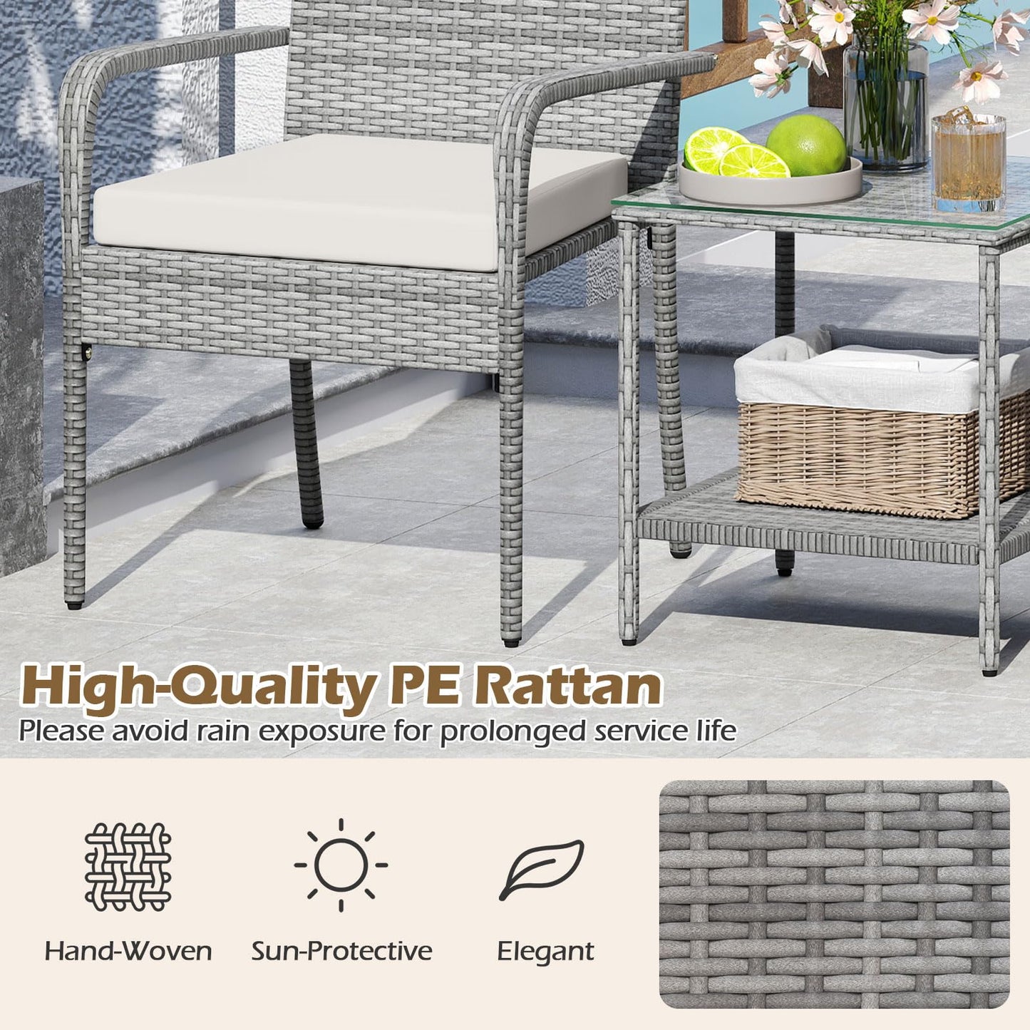 Tangkula 3 Pieces Patio Furniture Set with 2 Tier Tempered Glass Tabletop Table