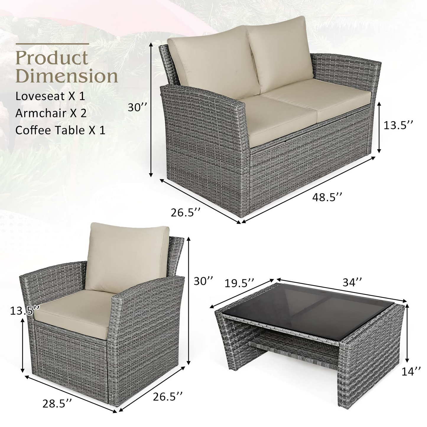 Tangkula 4 Pieces Patio Furniture Set, Outdoor Conversation Set with Cushions and Coffee Table