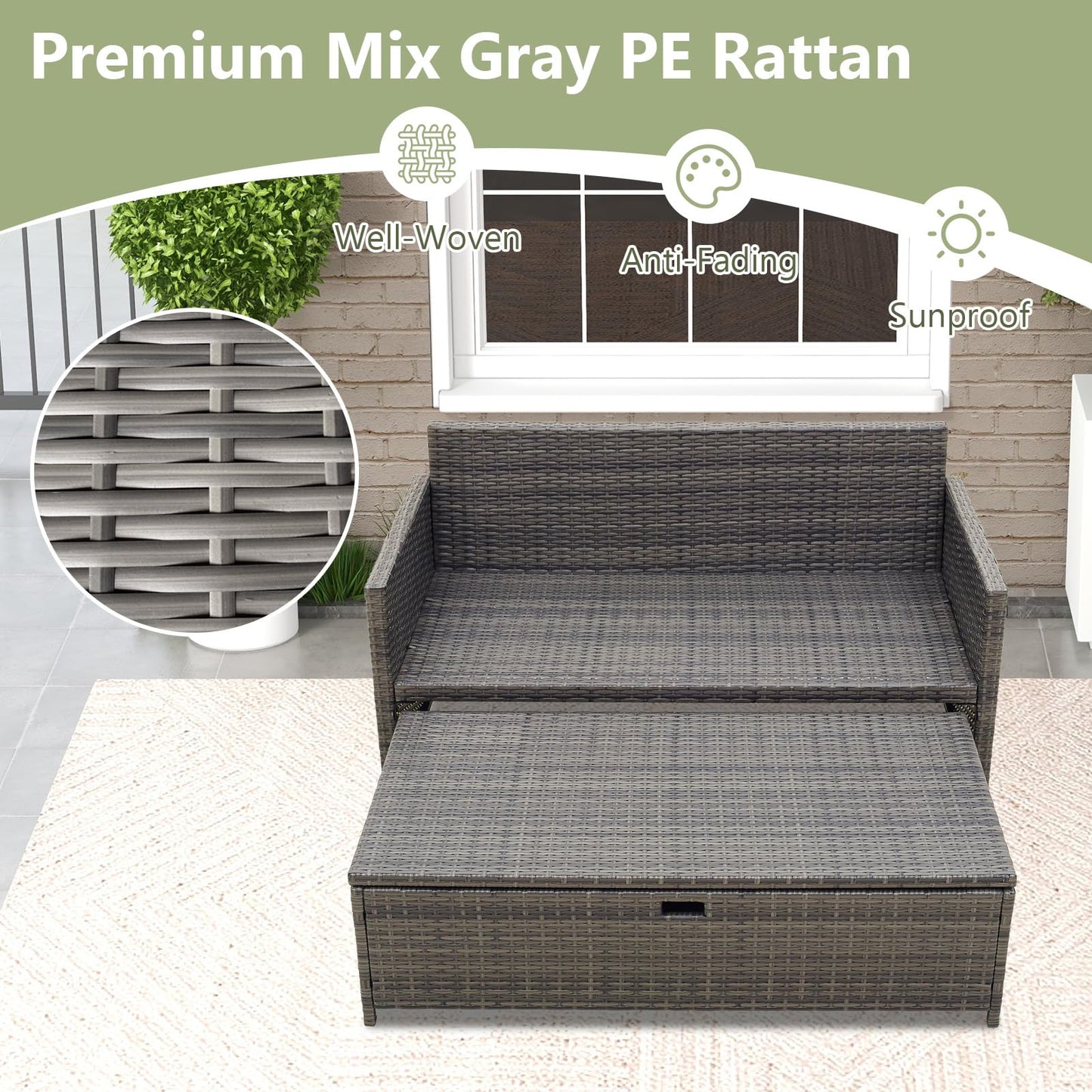 Tangkula Outdoor Rattan Daybed, Wicker Loveseat & 31 Gallon Storage Ottoman w/Soft Cushions
