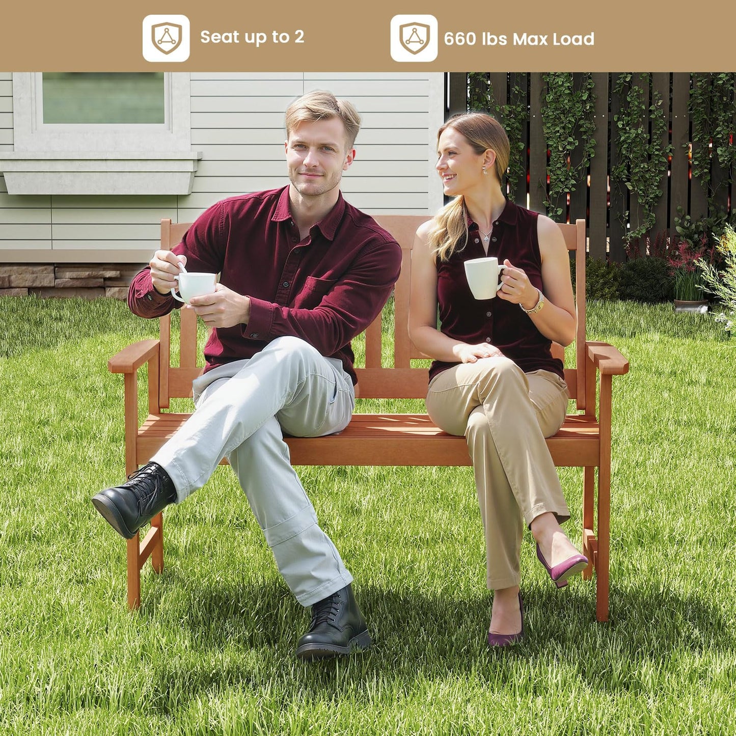 Tangkula Patio Wood Bench Garden Armrest Loveseat with Inclined Backrest