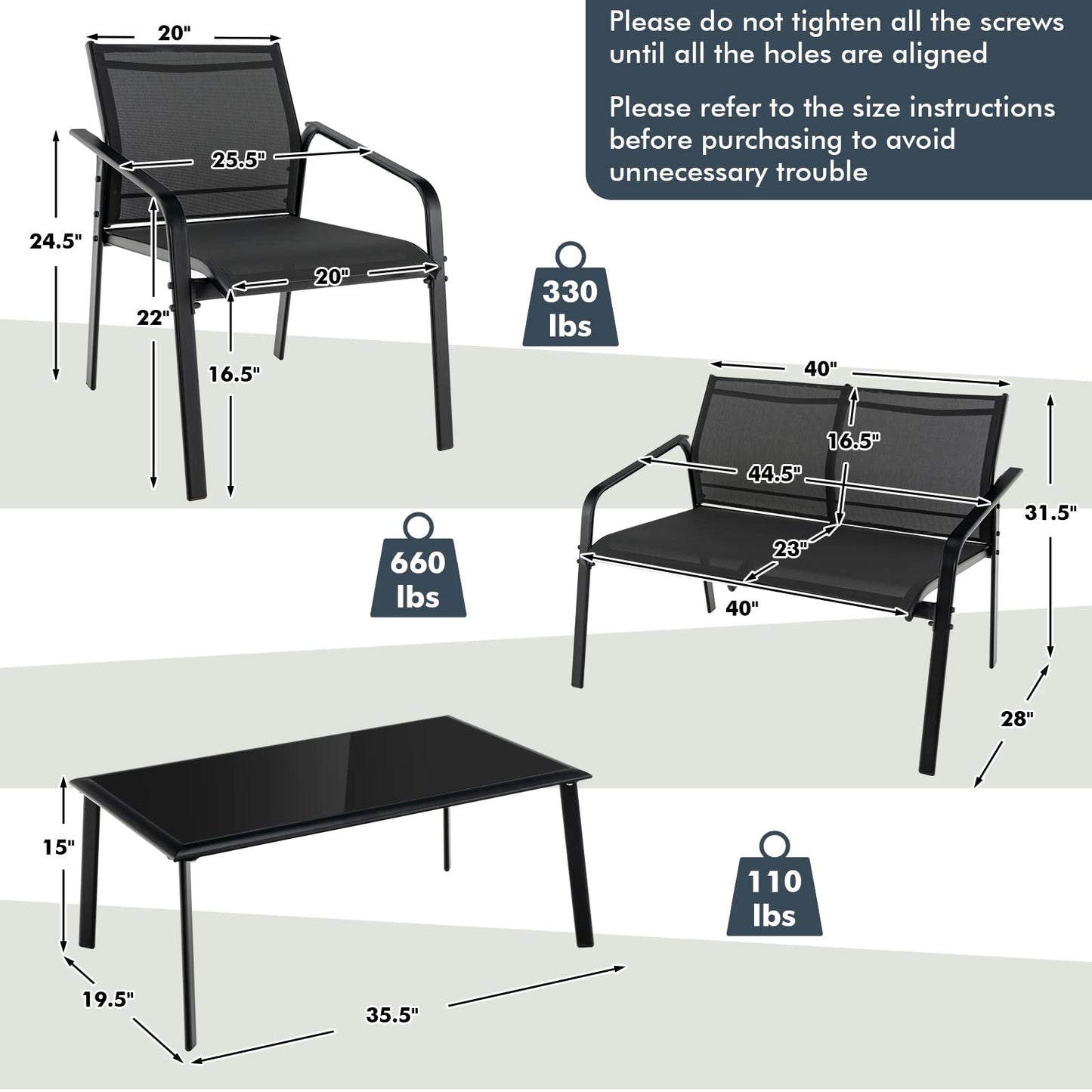 Tangkula 4 Pieces Patio Furniture Set, Outdoor Conversation Set with Tempered Glass Coffee Table